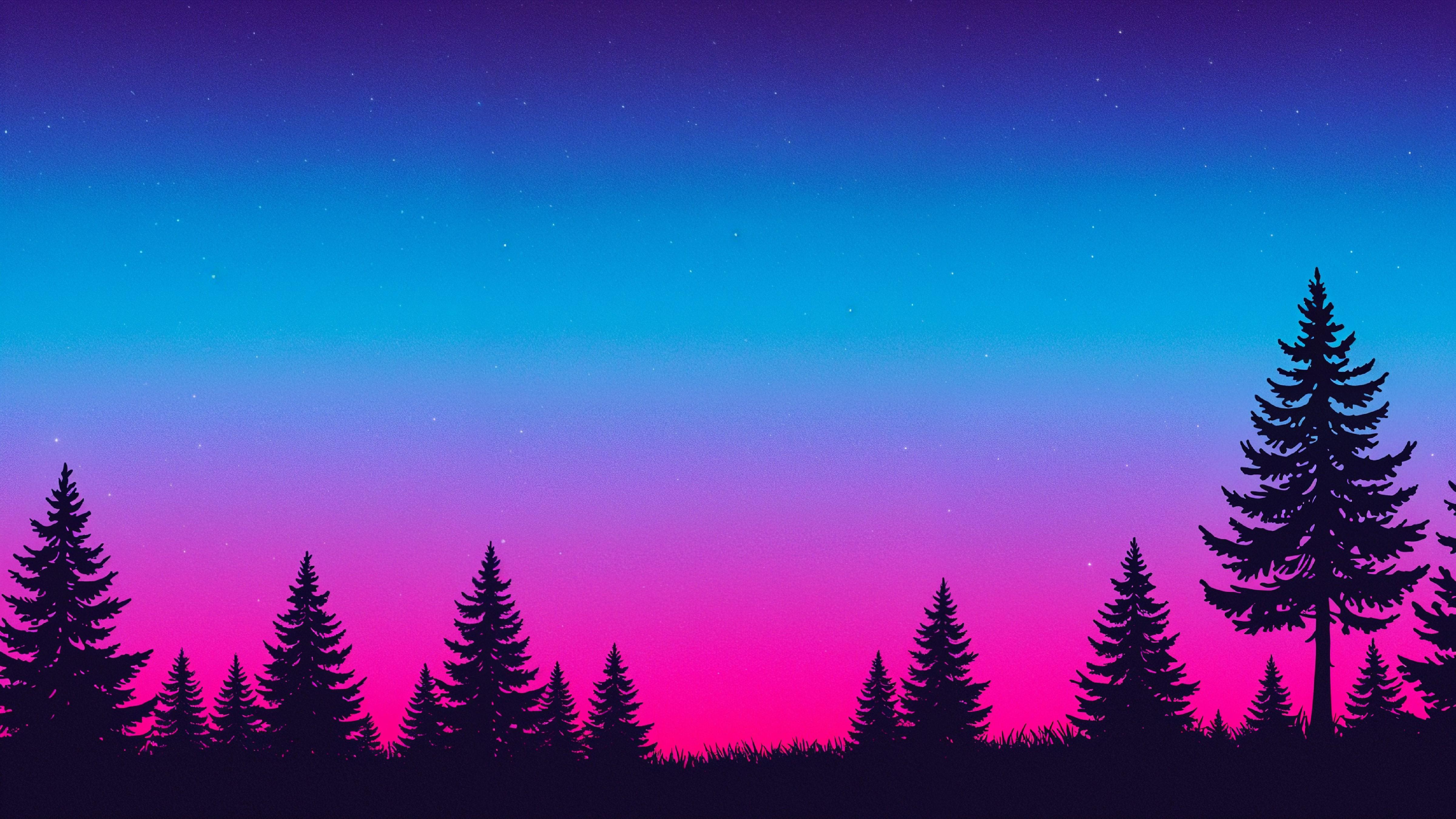 Neon Gradient Forest Silhouette Landscape with Retro Aesthetic Sunset Background
