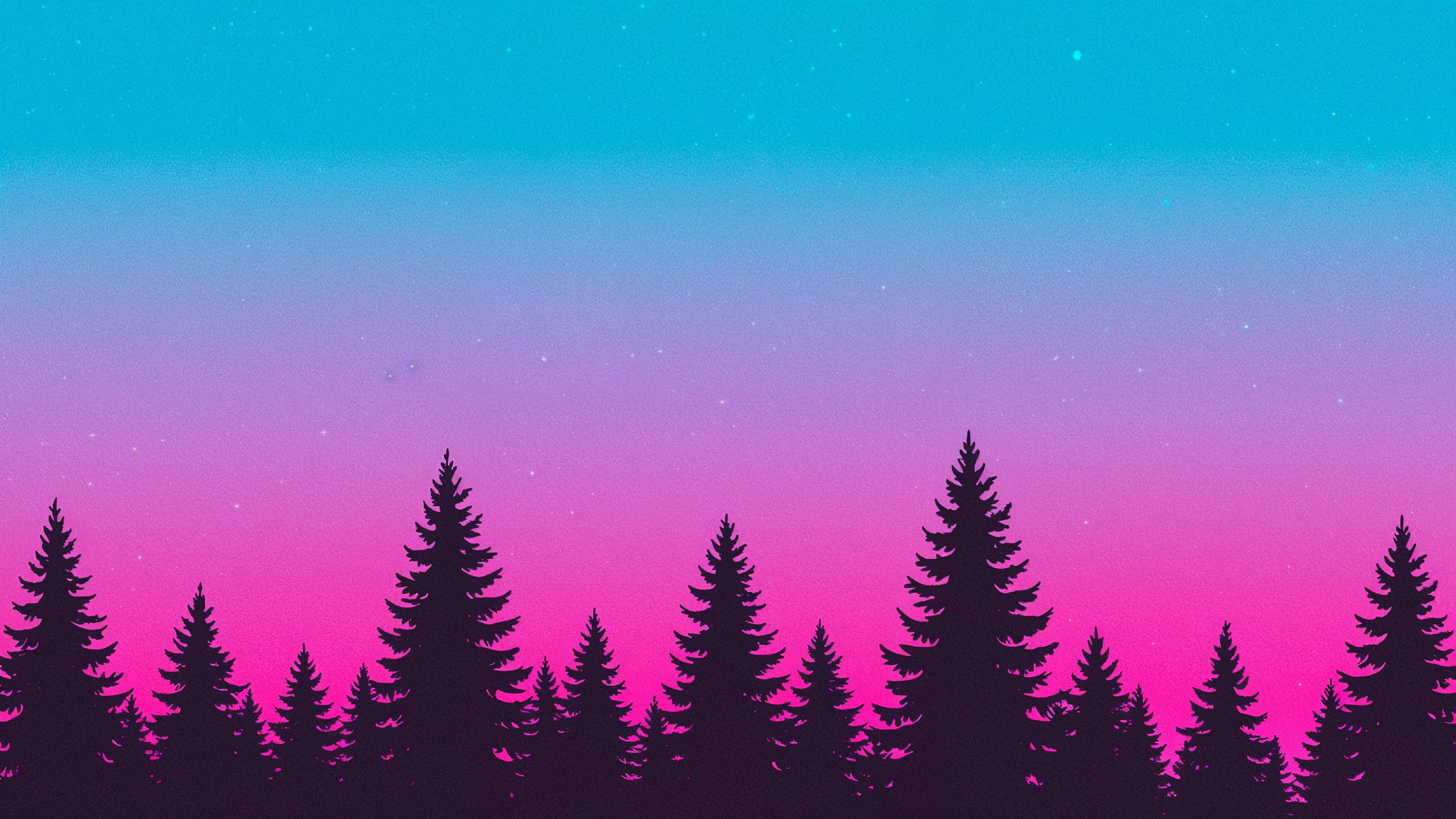 Neon Gradient Forest Silhouette Landscape with Retro Aesthetic Sunset Background