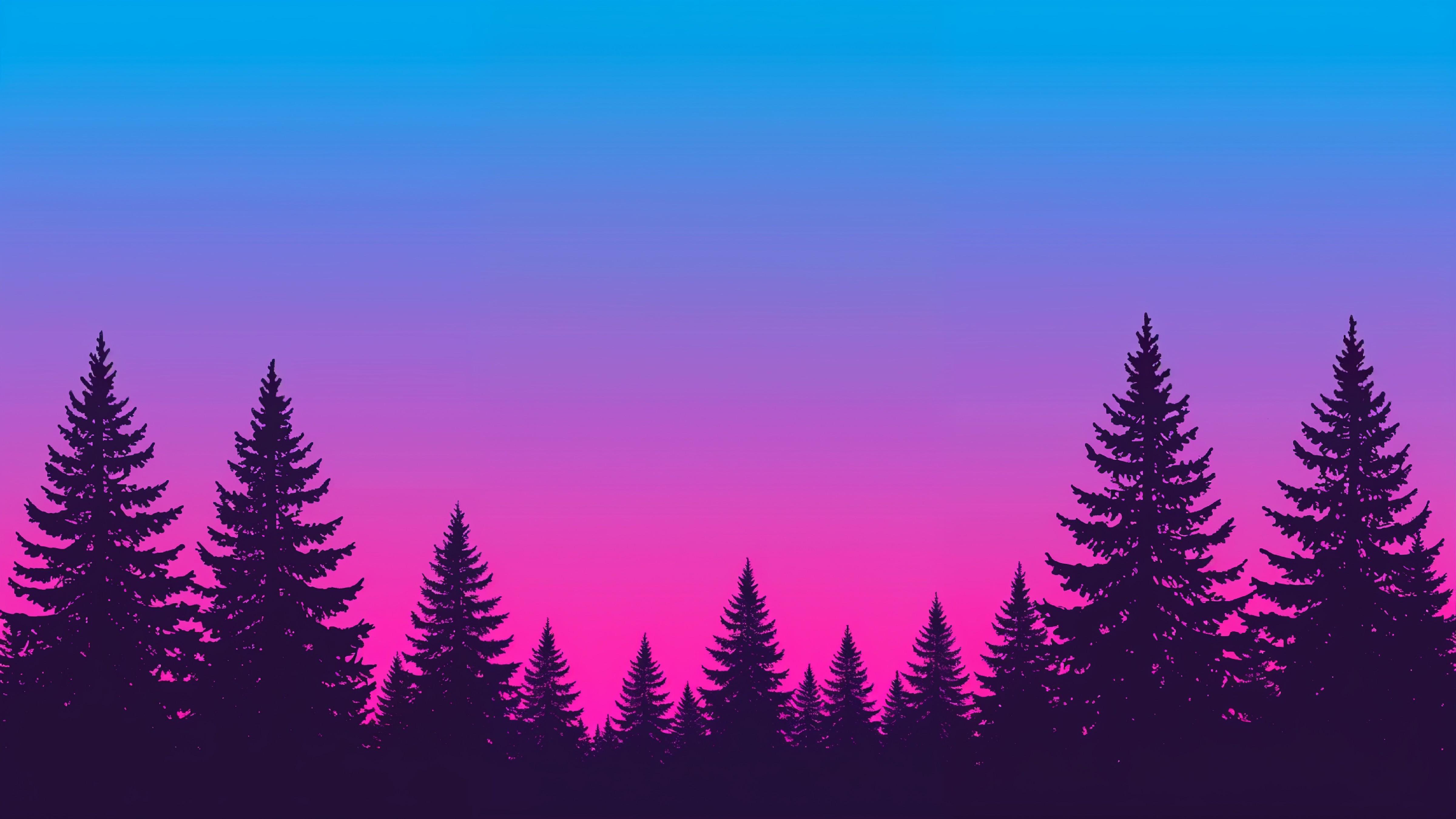 Neon Gradient Forest Silhouette Landscape with Retro Aesthetic Sunset Background