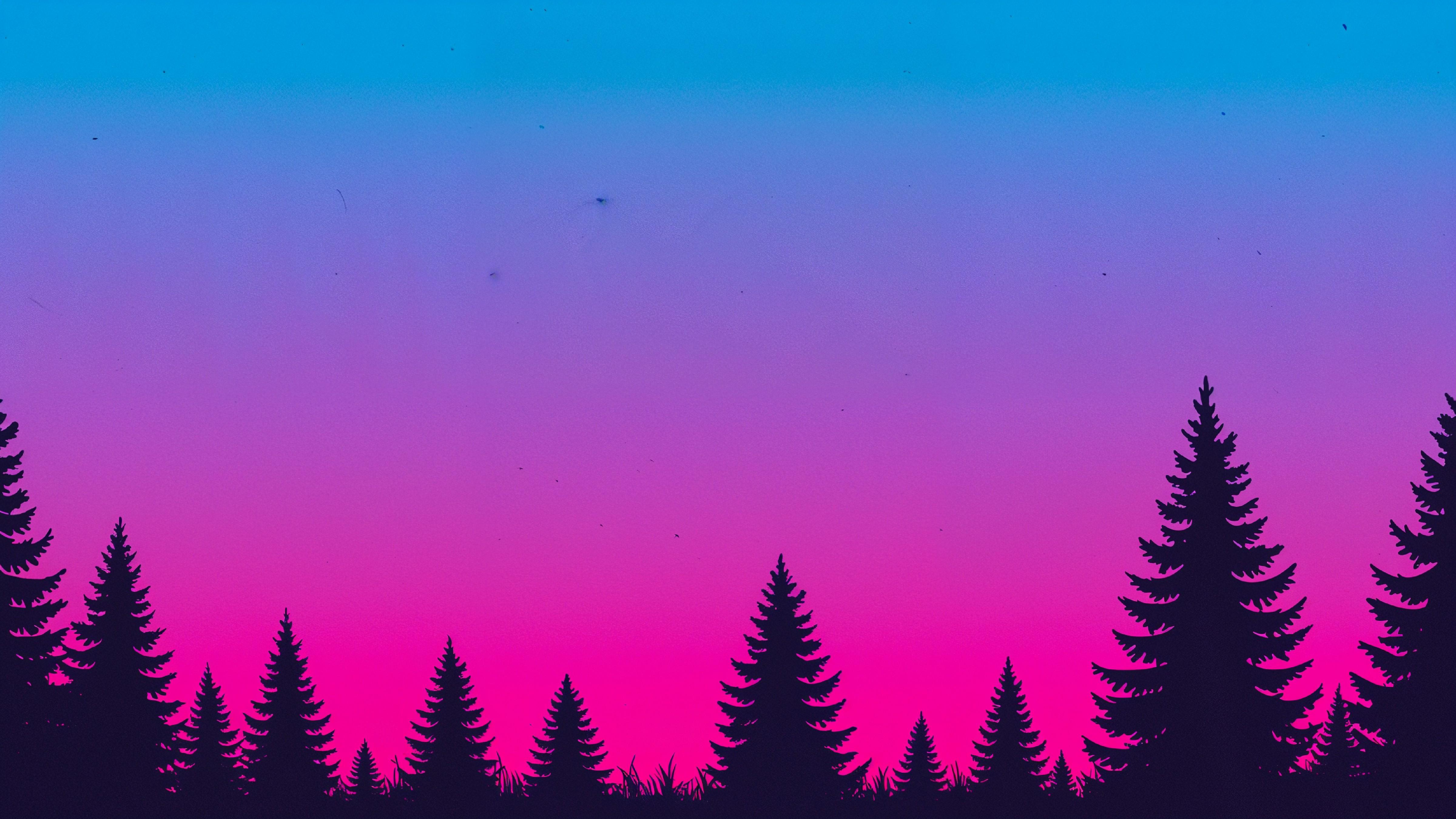Neon Gradient Forest Silhouette Landscape with Retro Aesthetic Sunset Background
