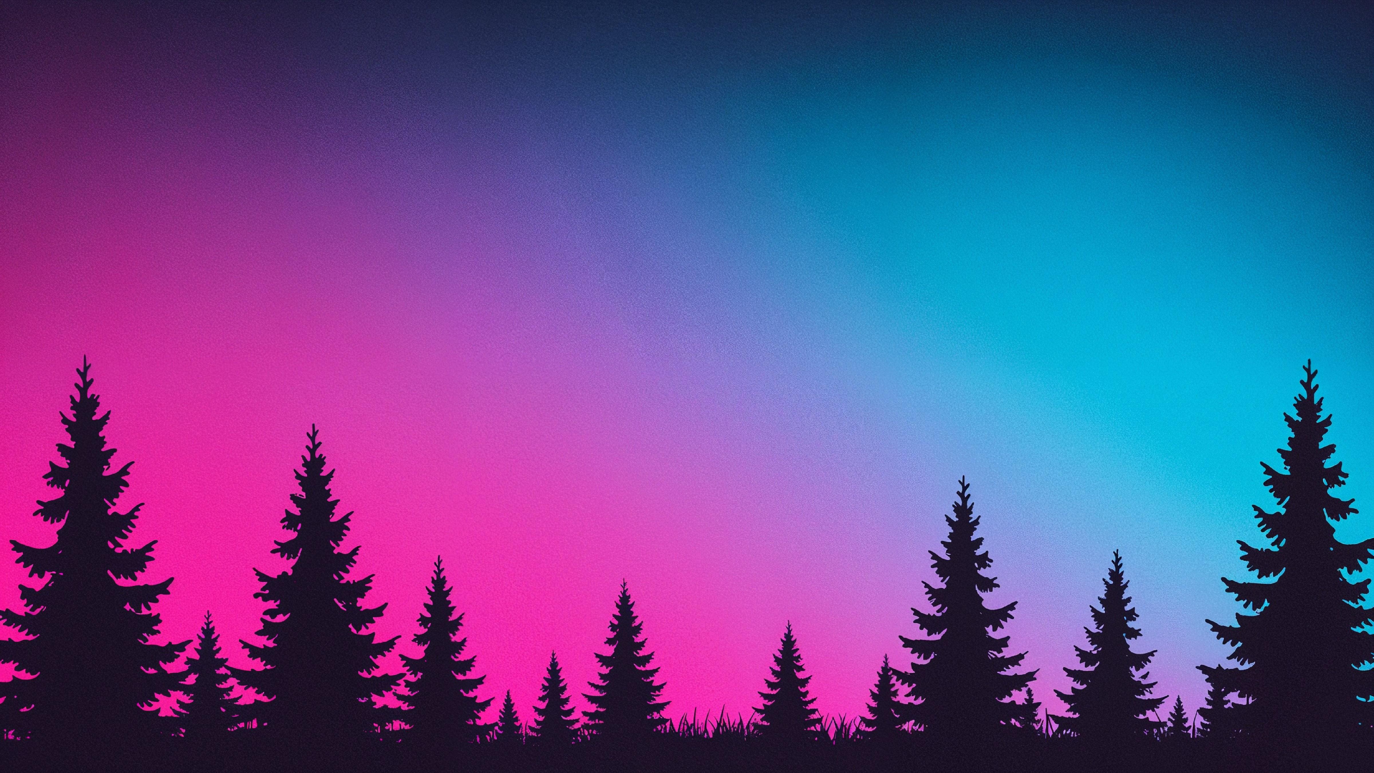 Neon Gradient Forest Silhouette Landscape with Retro Aesthetic Sunset Background