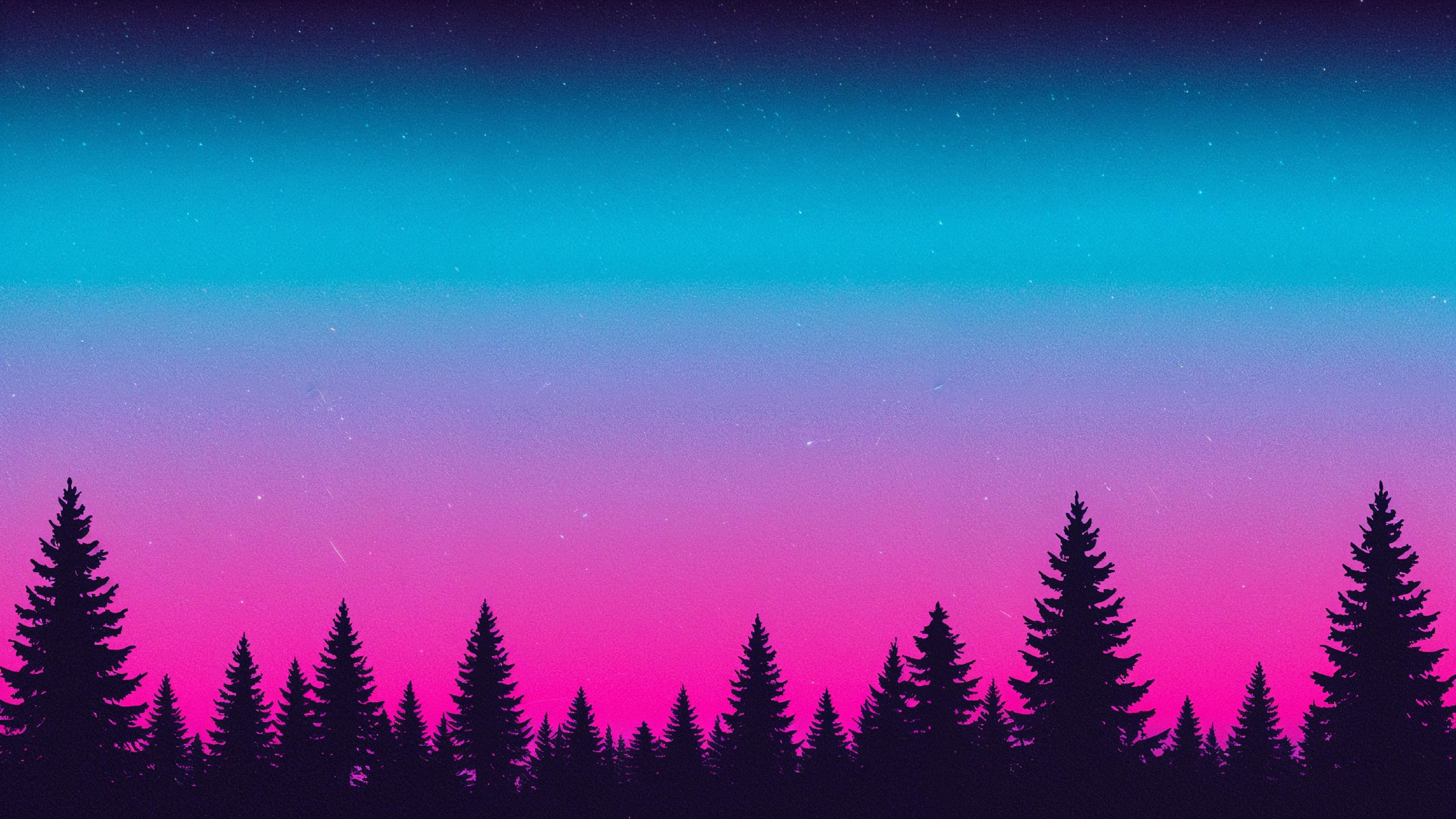 Neon Gradient Forest Silhouette Landscape with Retro Aesthetic Sunset Background