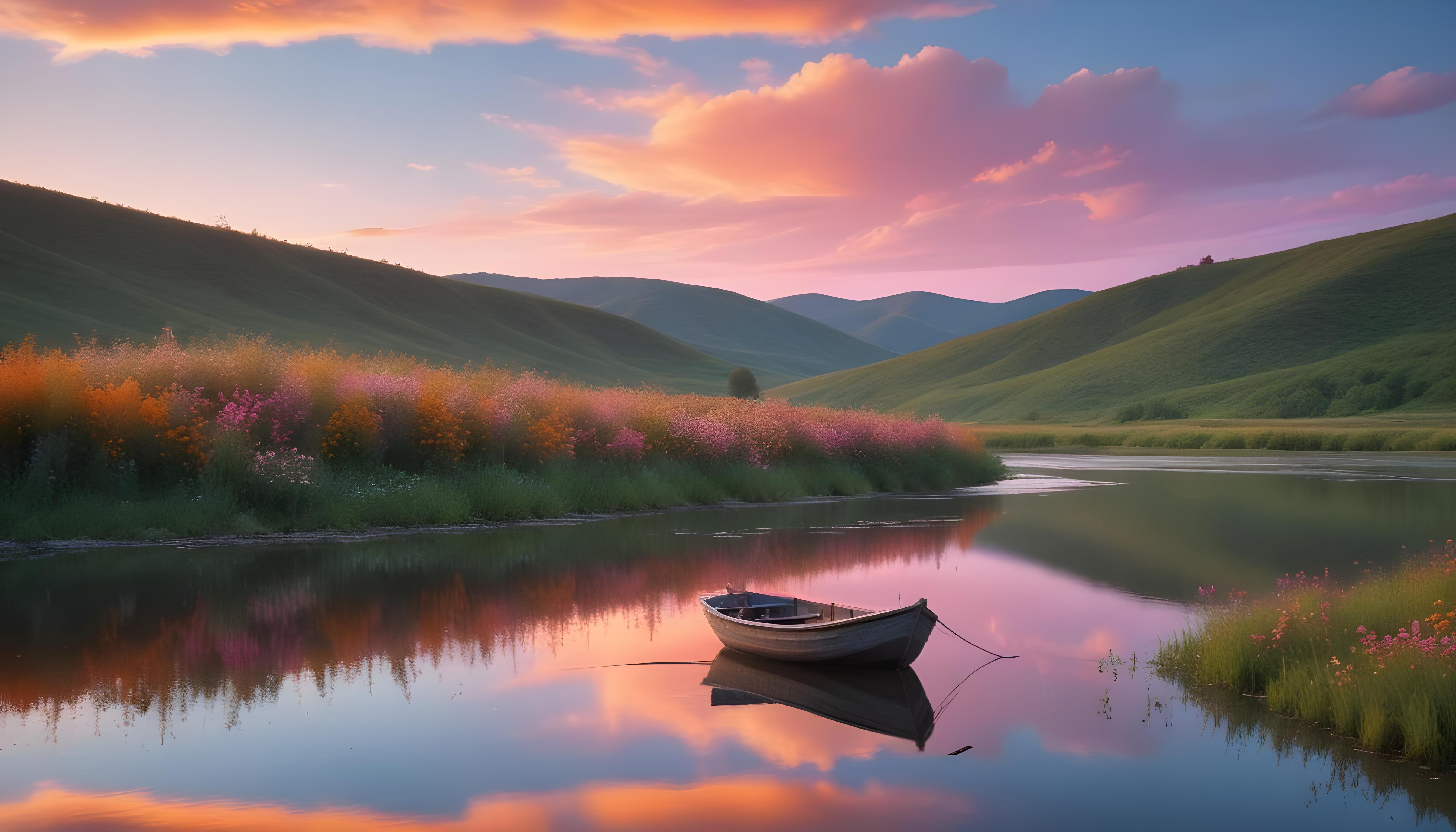 Peaceful Wooden Boat on Tranquil River Landscape with Scenic Nature Background