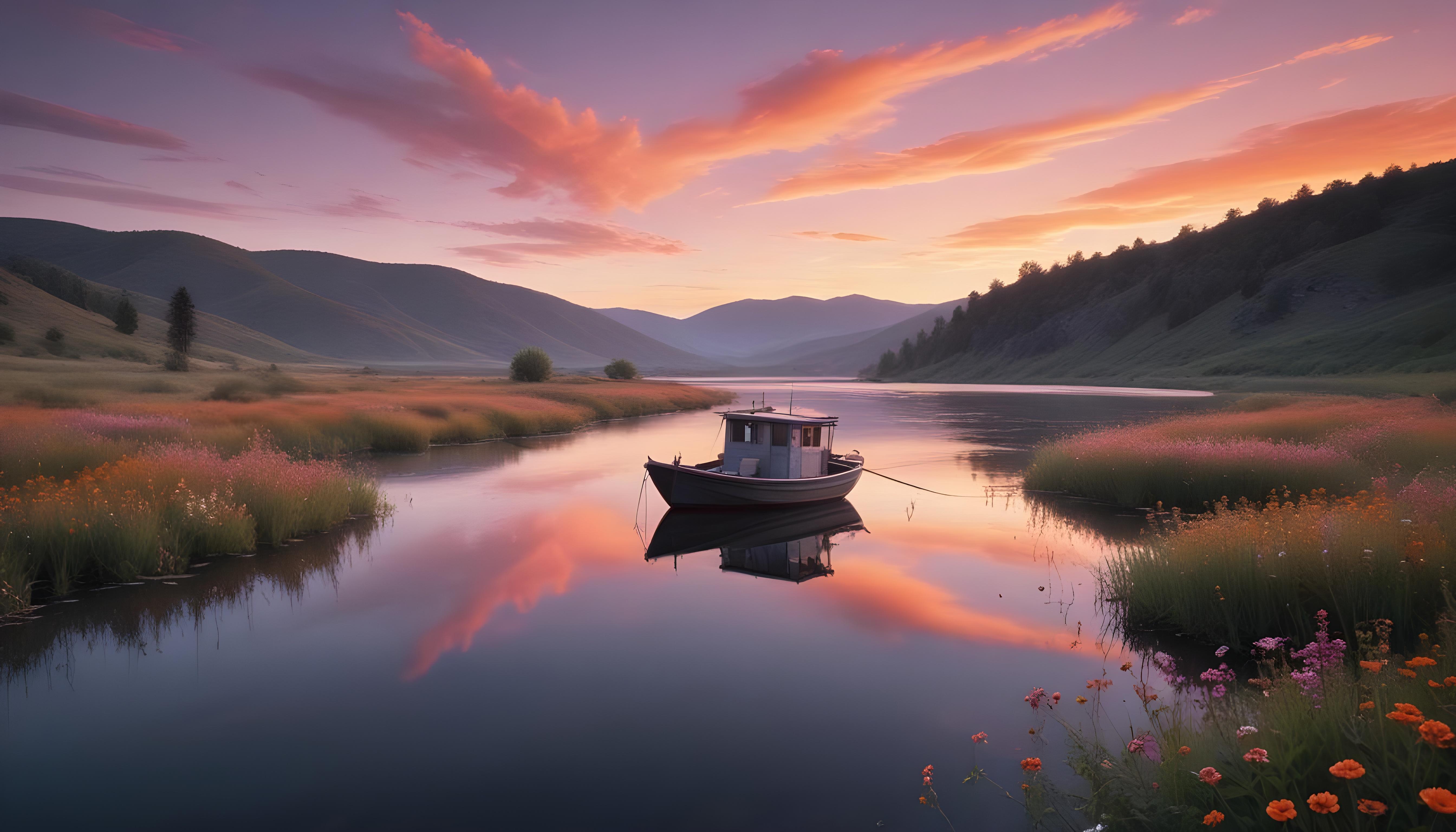 Peaceful Wooden Boat on Tranquil River Landscape with Scenic Nature Background
