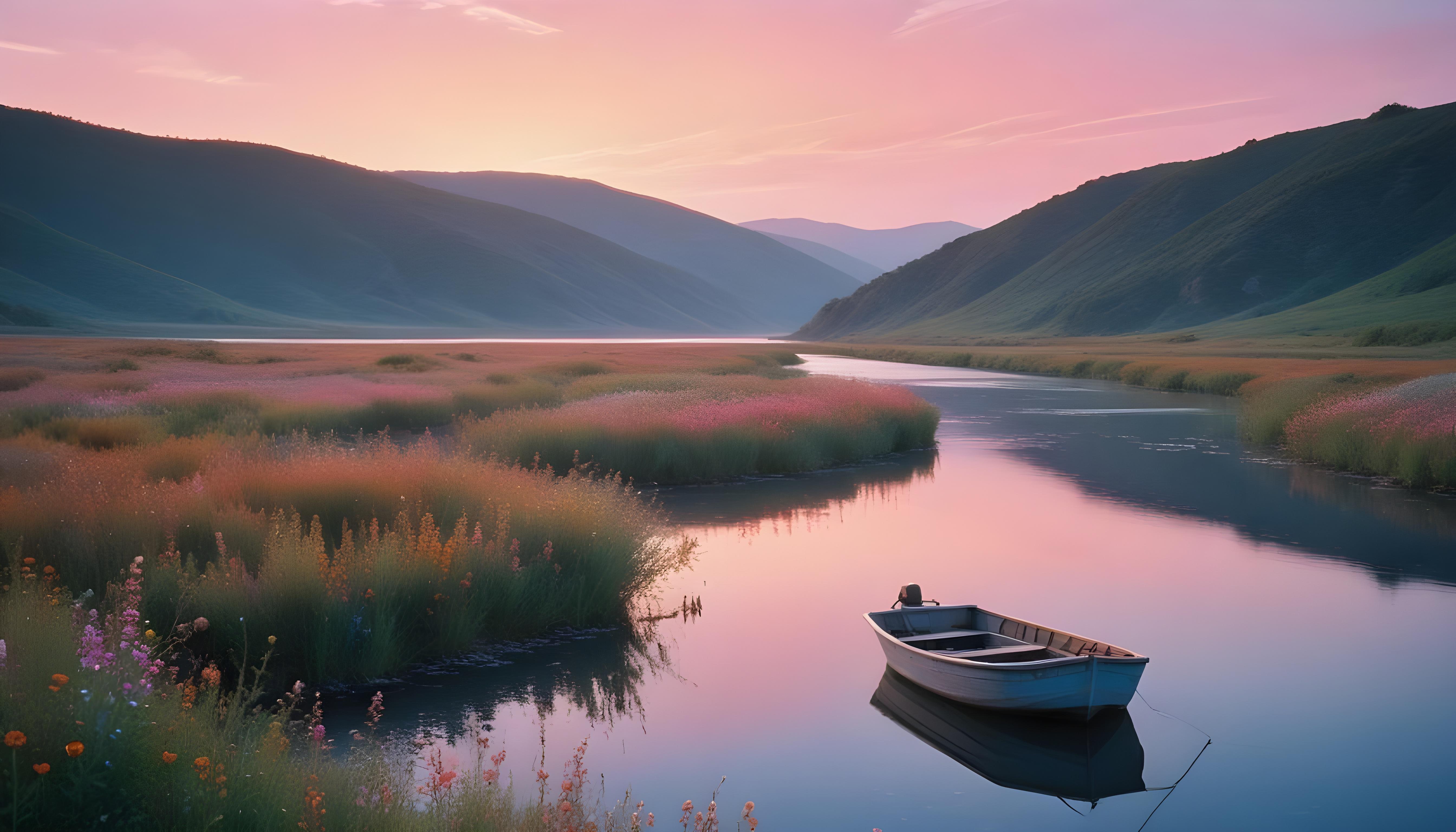Peaceful Wooden Boat on Tranquil River Landscape with Scenic Nature Background