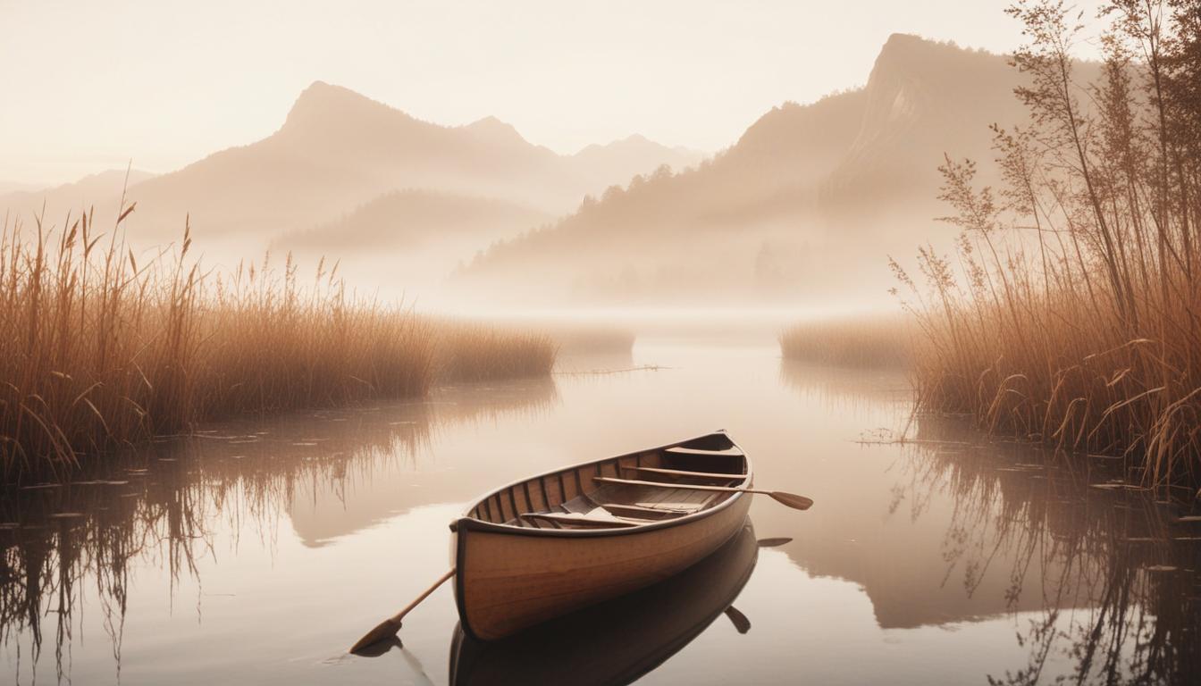 Peaceful Wooden Boat on Tranquil River Landscape with Scenic Nature Background