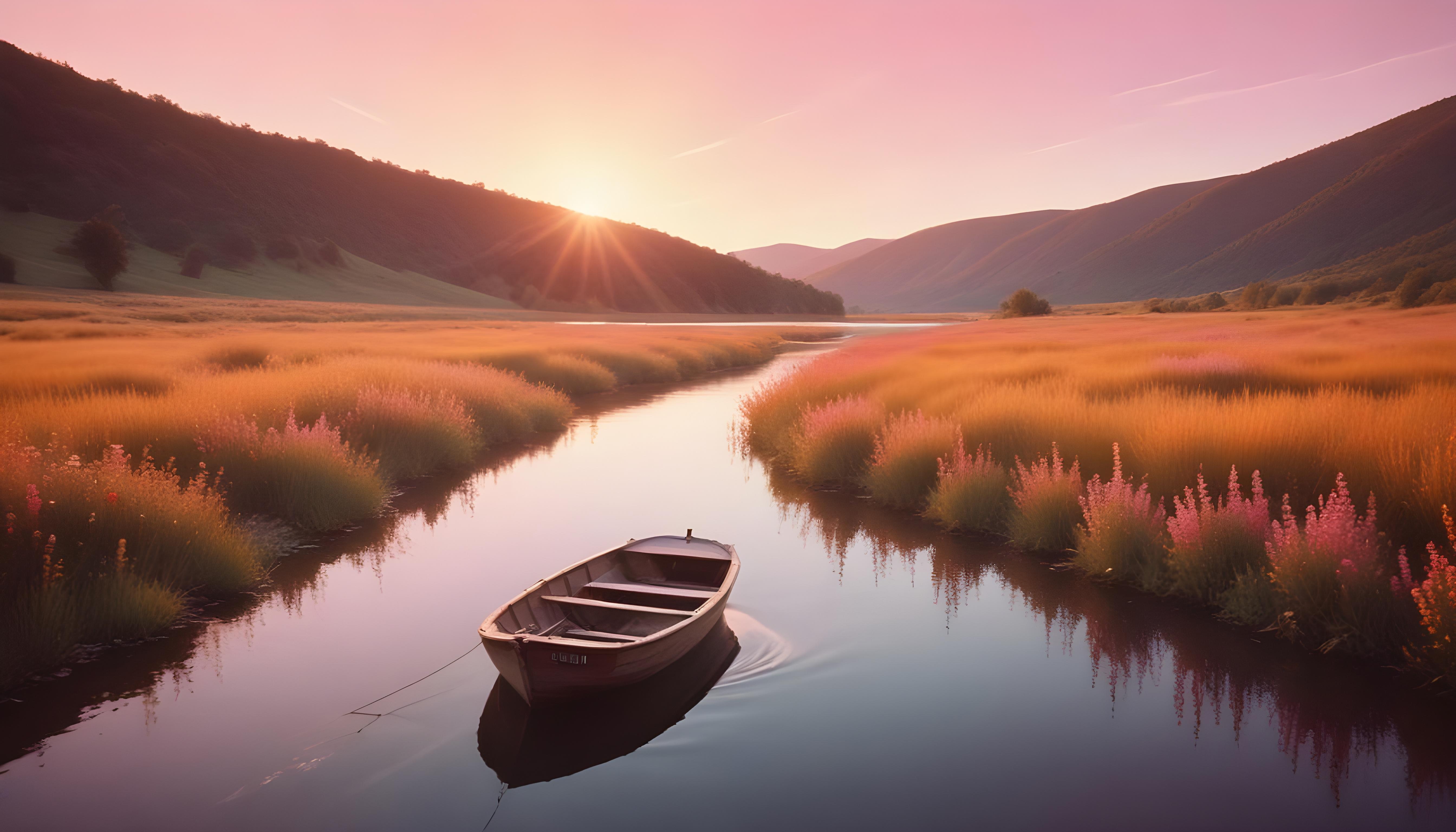 Peaceful Wooden Boat on Tranquil River Landscape with Scenic Nature Background