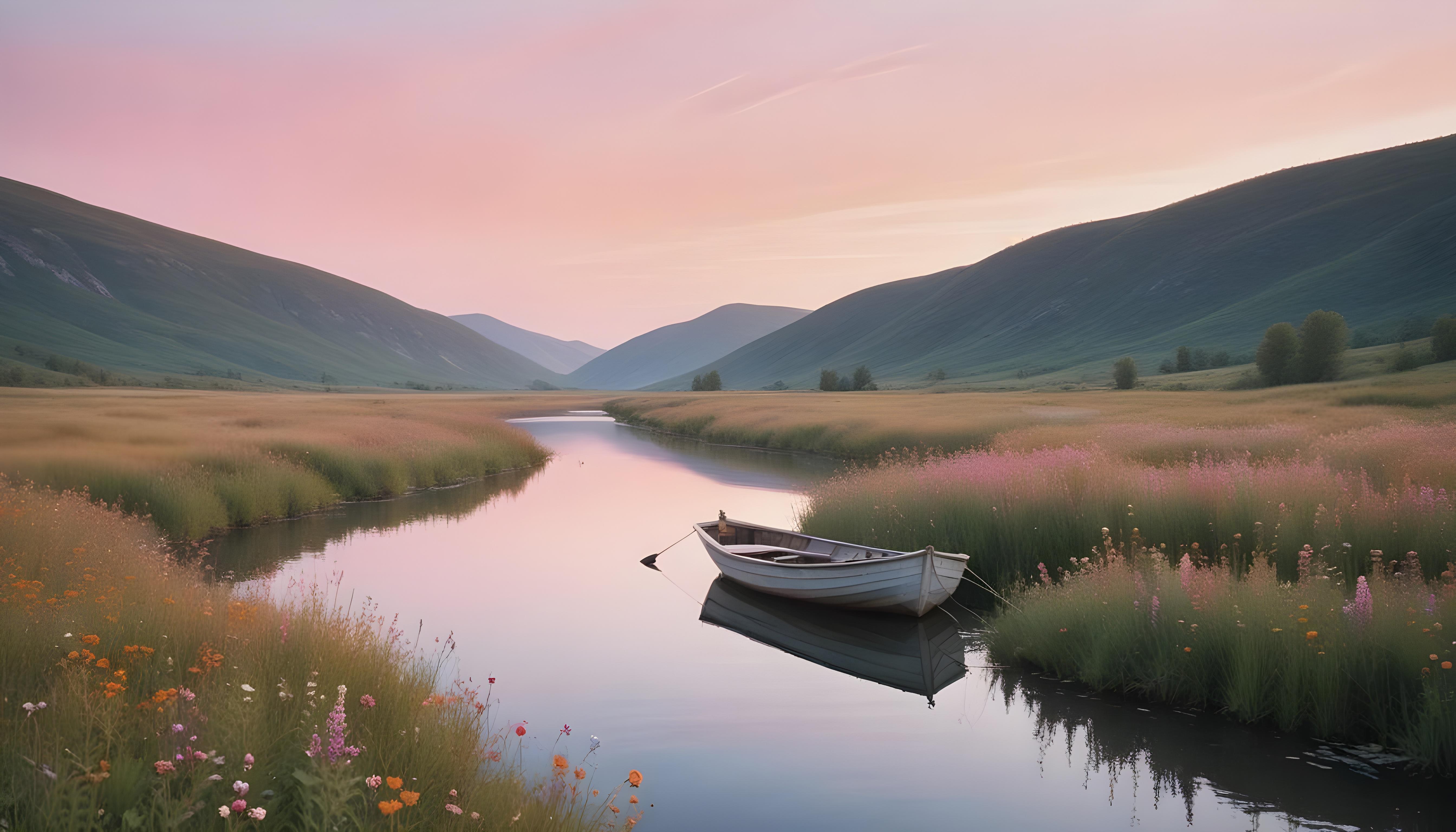 Peaceful Wooden Boat on Tranquil River Landscape with Scenic Nature Background