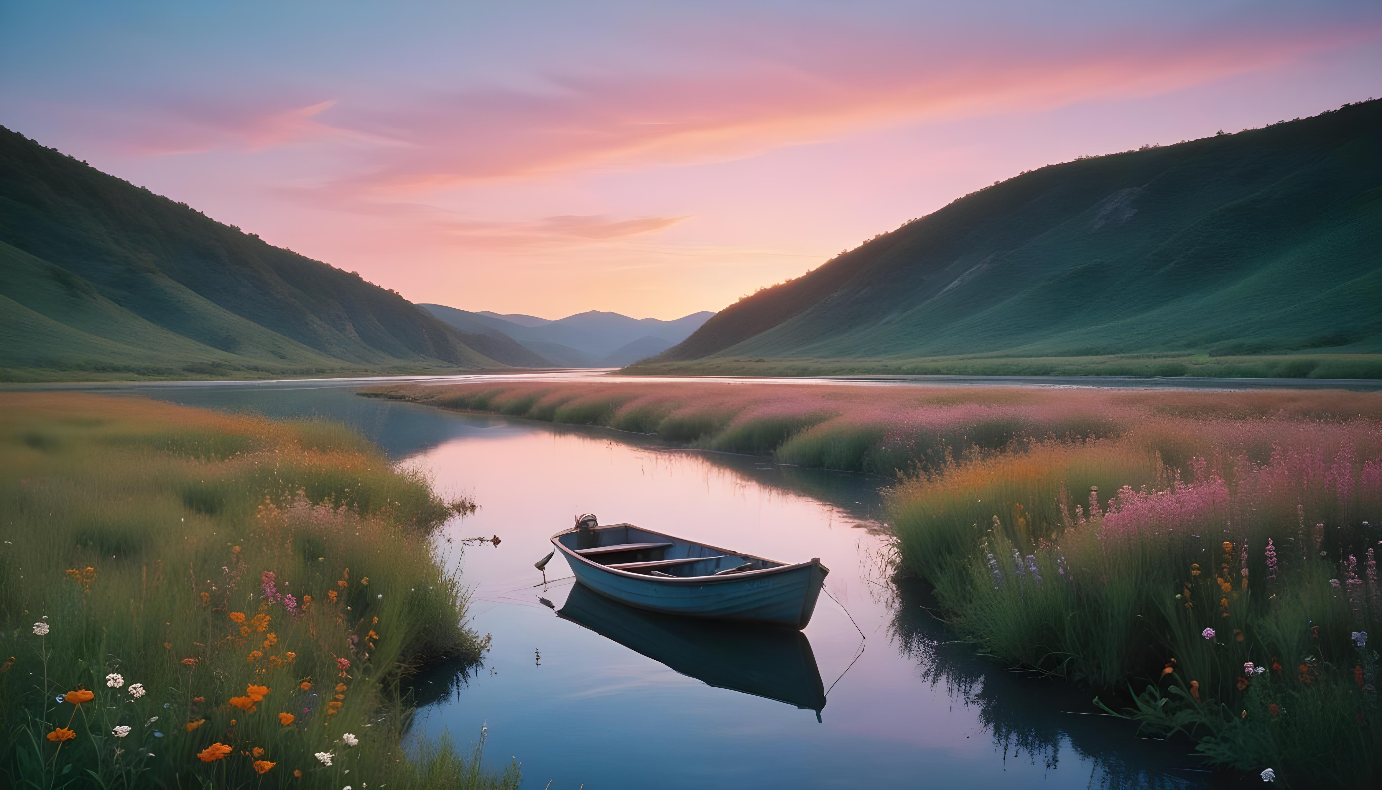 Peaceful Wooden Boat on Tranquil River Landscape with Scenic Nature Background