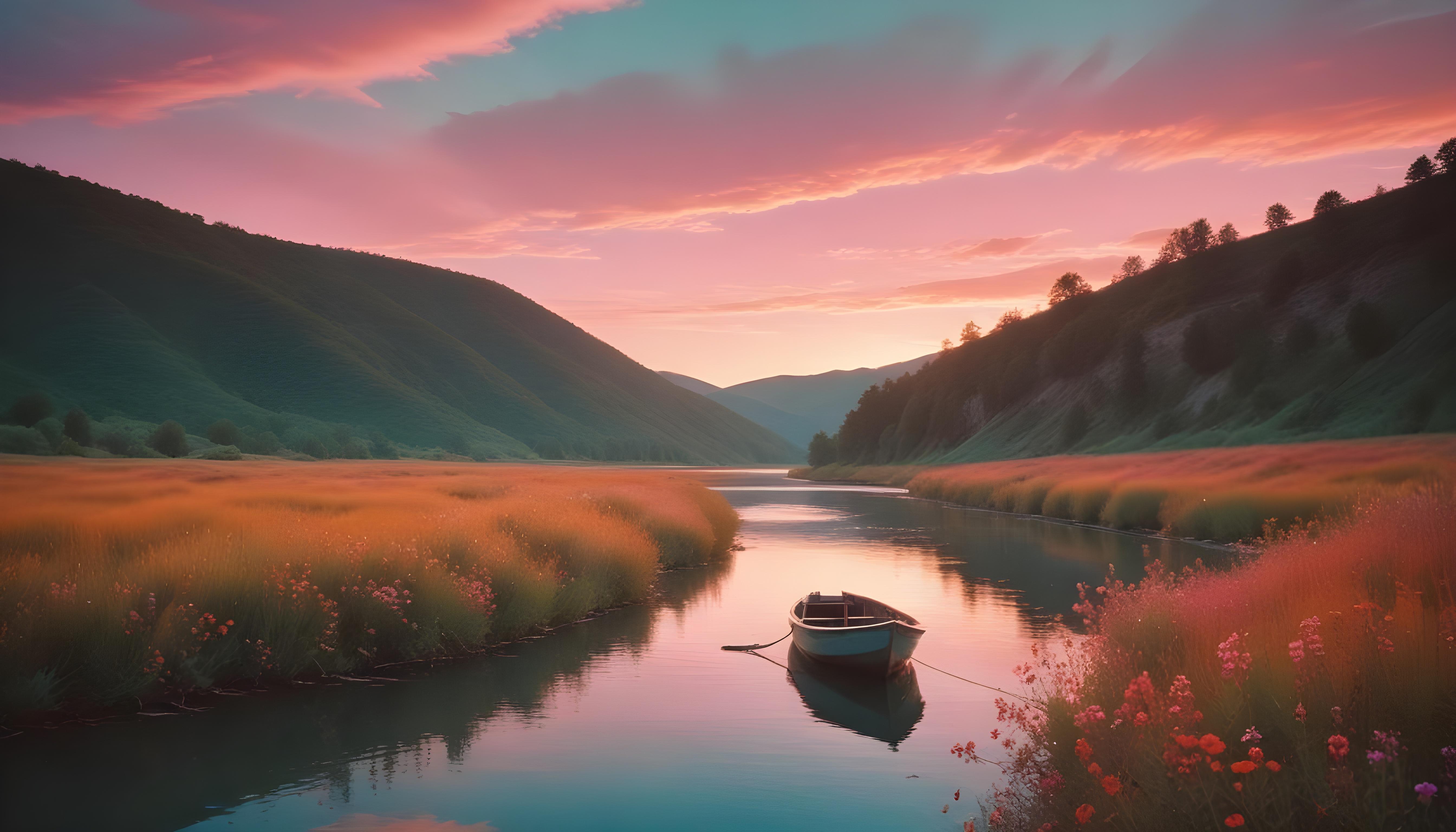 Peaceful Wooden Boat on Tranquil River Landscape with Scenic Nature Background