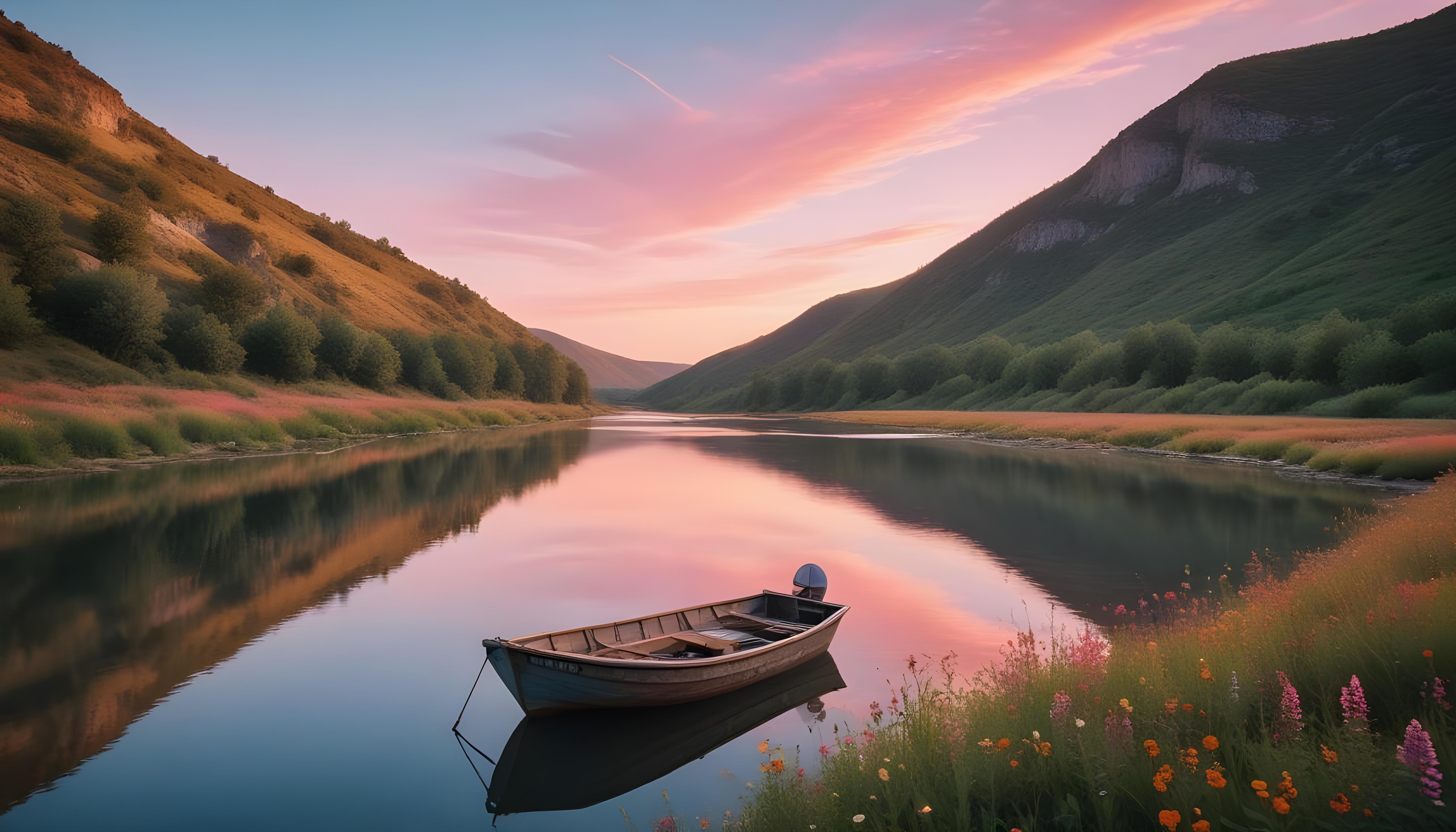 Peaceful Wooden Boat on Tranquil River Landscape with Scenic Nature Background