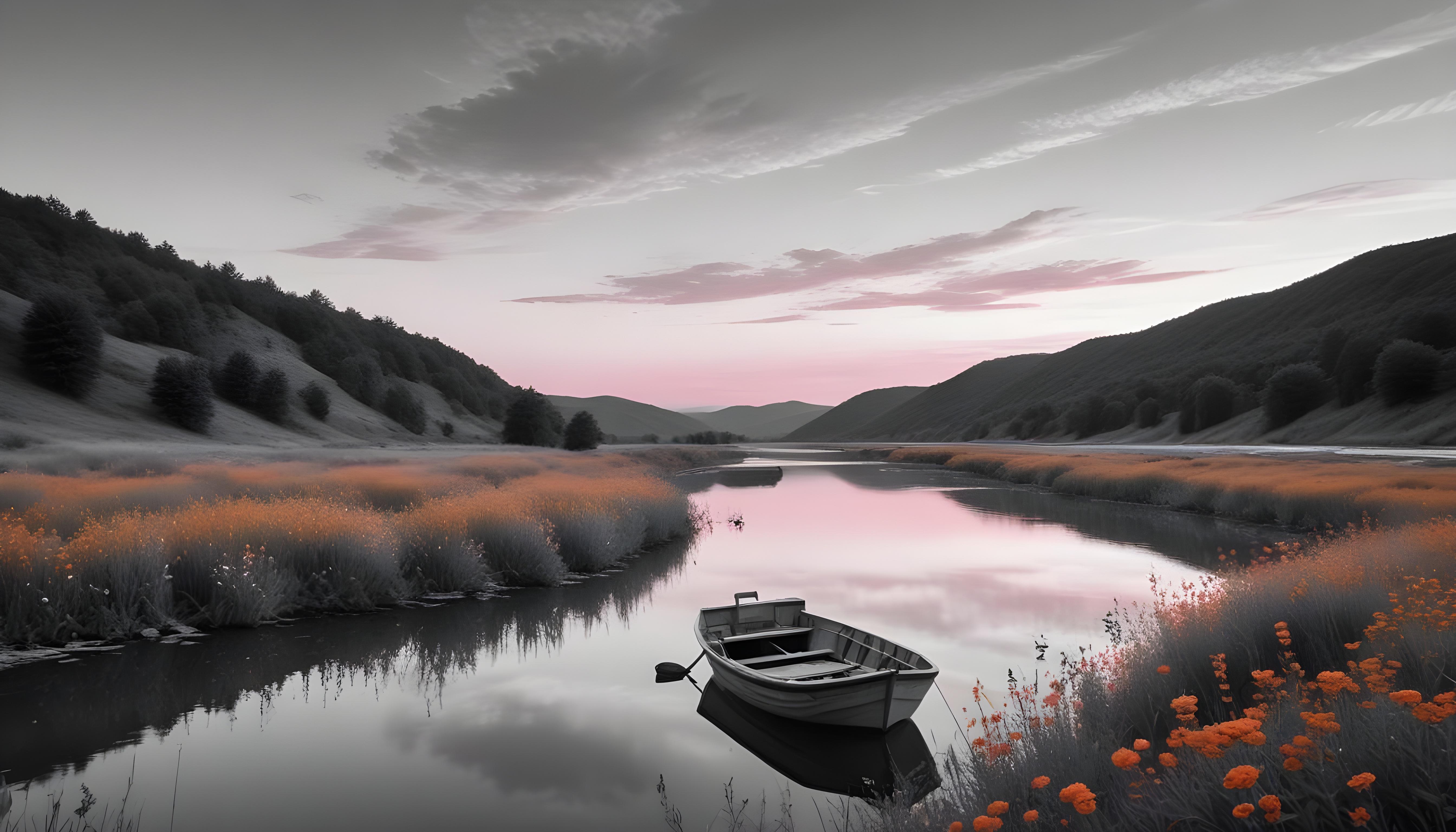 Peaceful Wooden Boat on Tranquil River Landscape with Scenic Nature Background