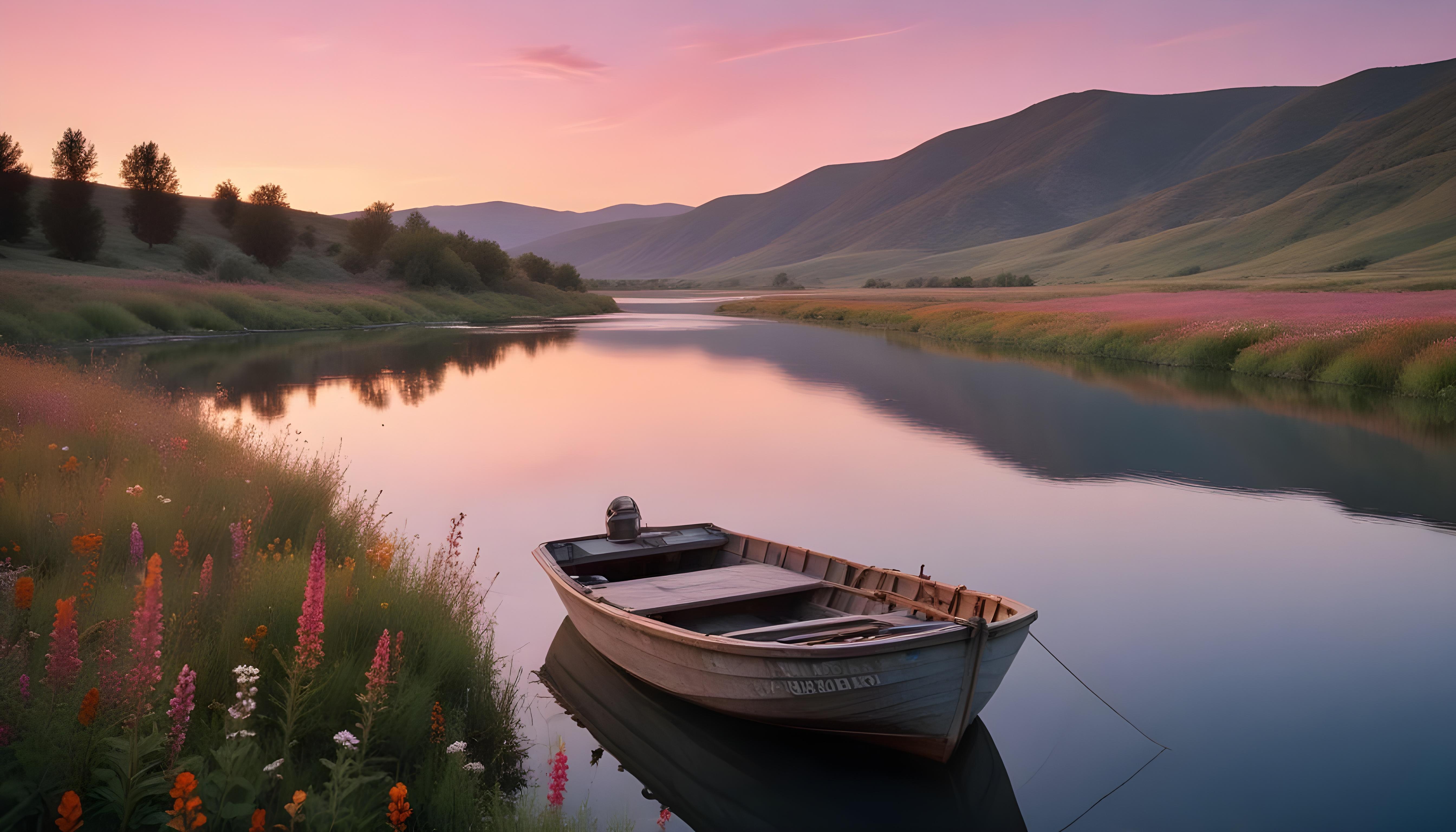 Peaceful Wooden Boat on Tranquil River Landscape with Scenic Nature Background