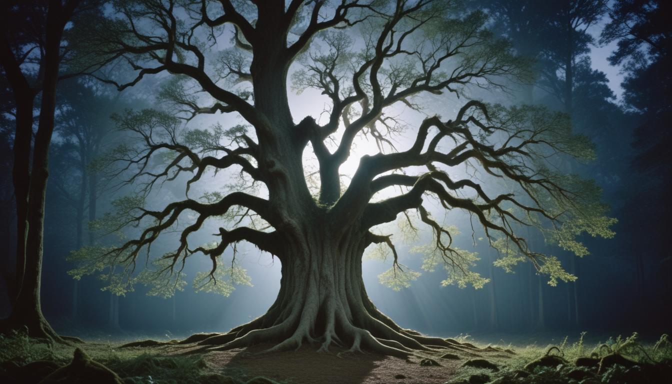 Solitary Leafless Tree Under Full Moon in Mystical Night Landscape