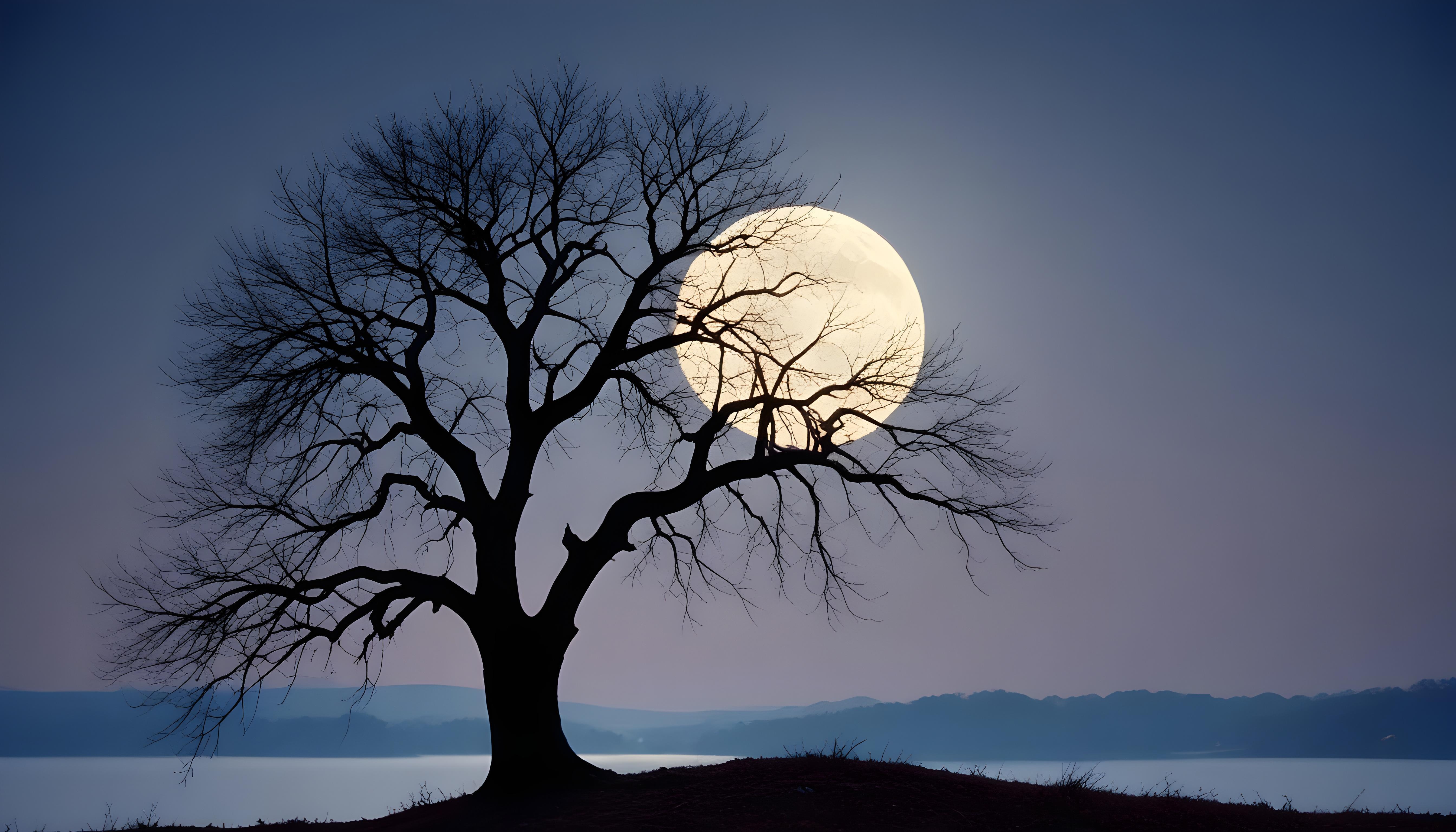 Solitary Leafless Tree Under Full Moon in Mystical Night Landscape