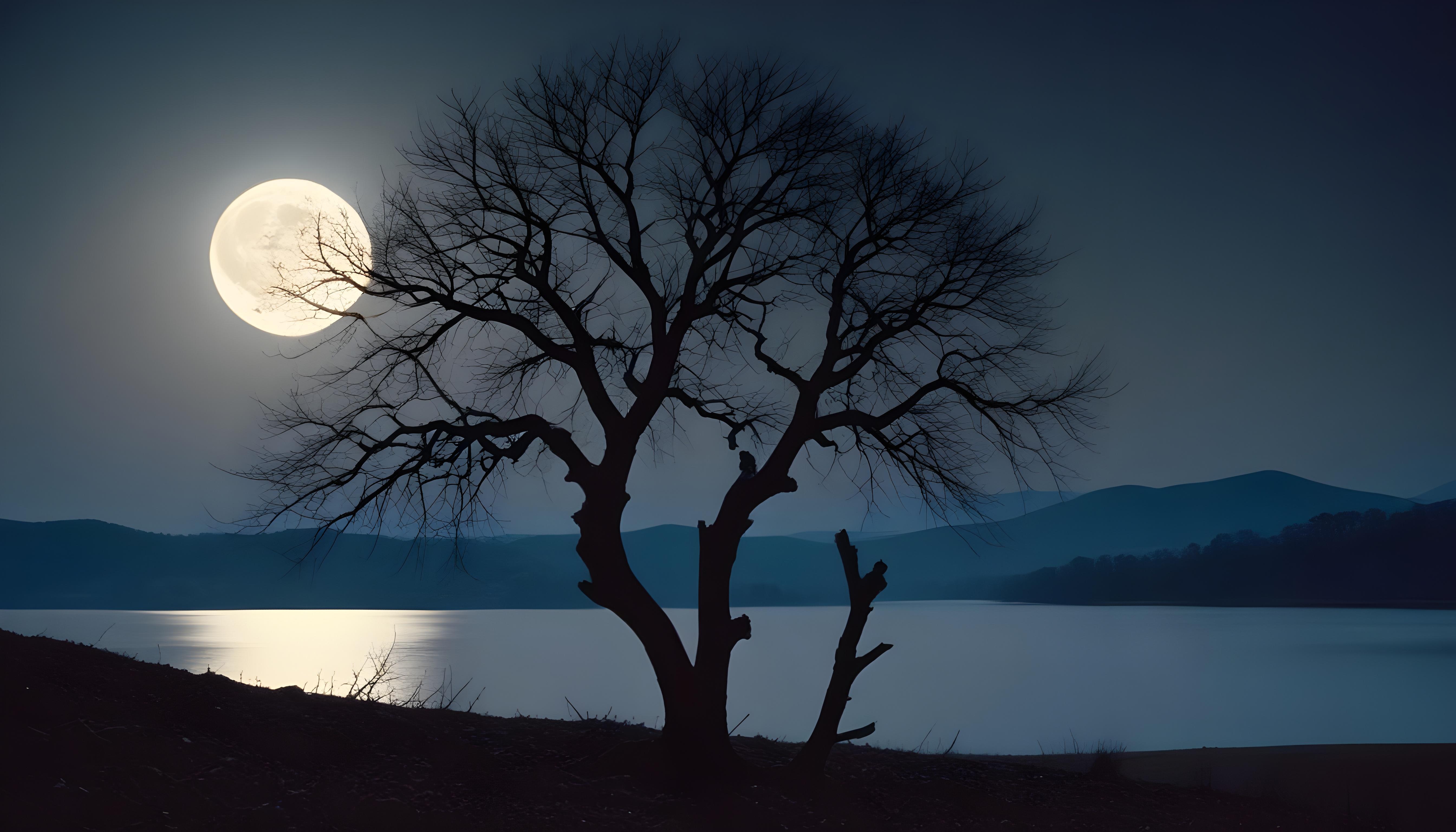 Solitary Leafless Tree Under Full Moon in Mystical Night Landscape
