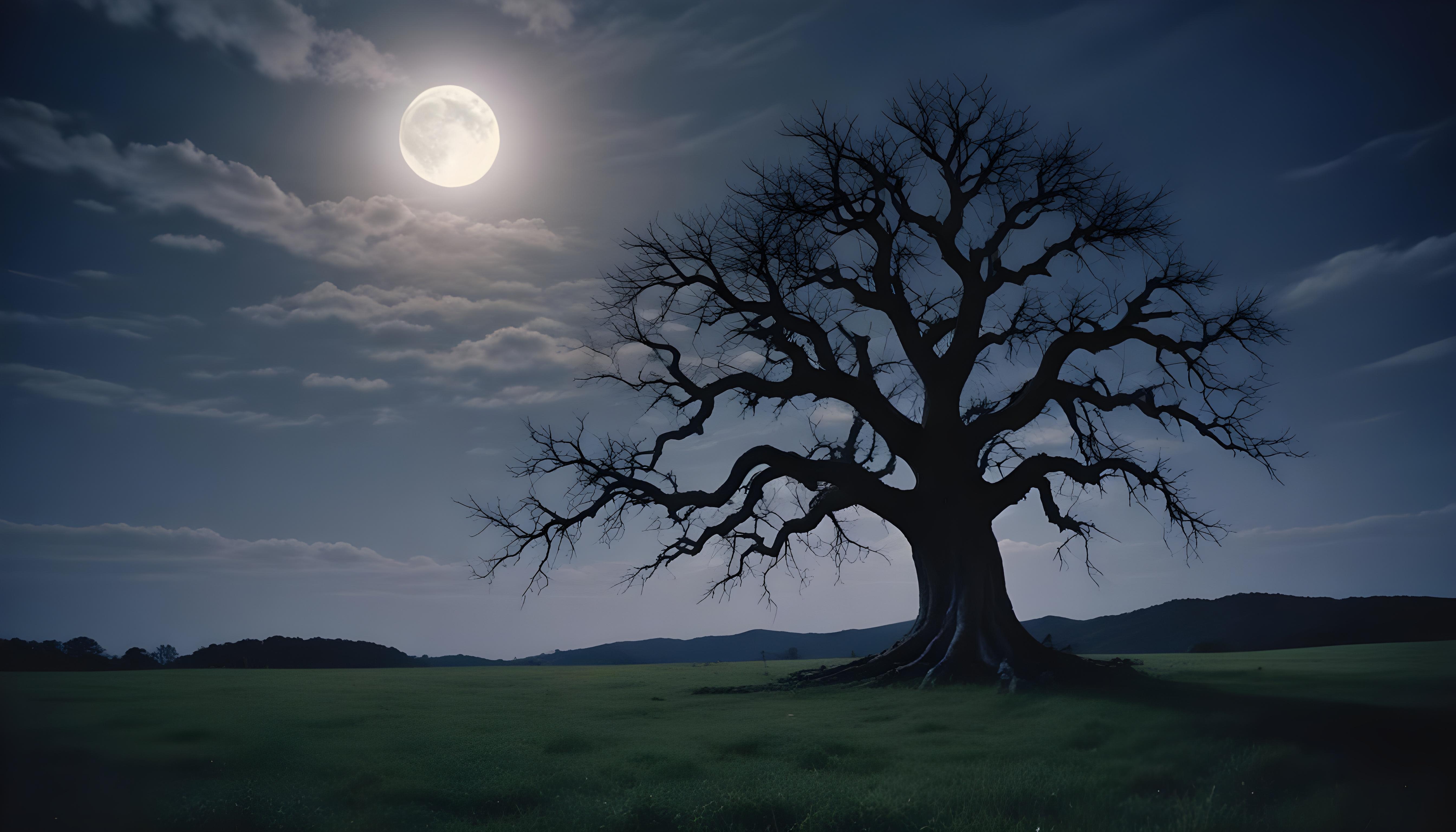 Solitary Leafless Tree Under Full Moon in Mystical Night Landscape