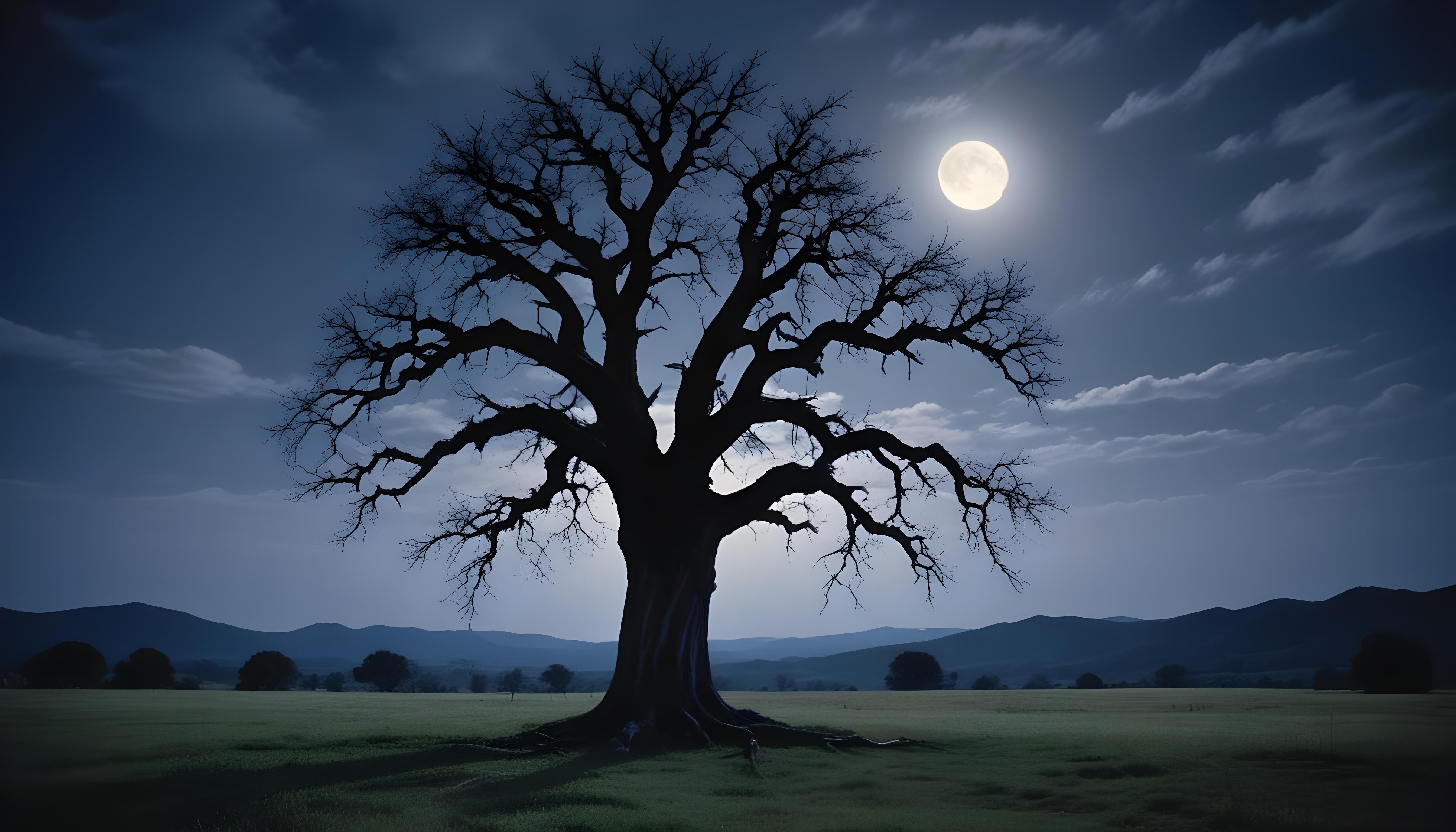 Solitary Leafless Tree Under Full Moon in Mystical Night Landscape