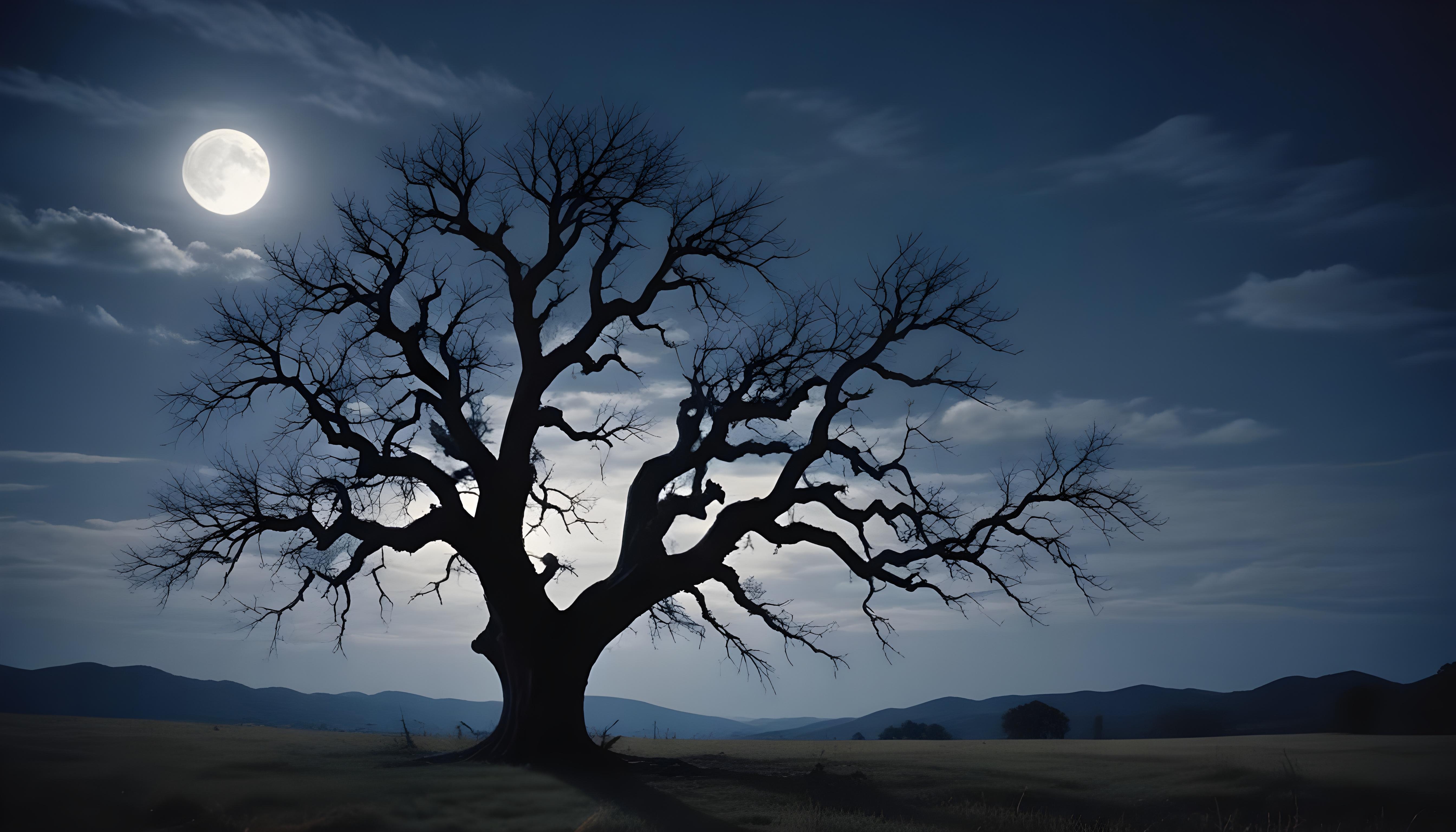 Solitary Leafless Tree Under Full Moon in Mystical Night Landscape