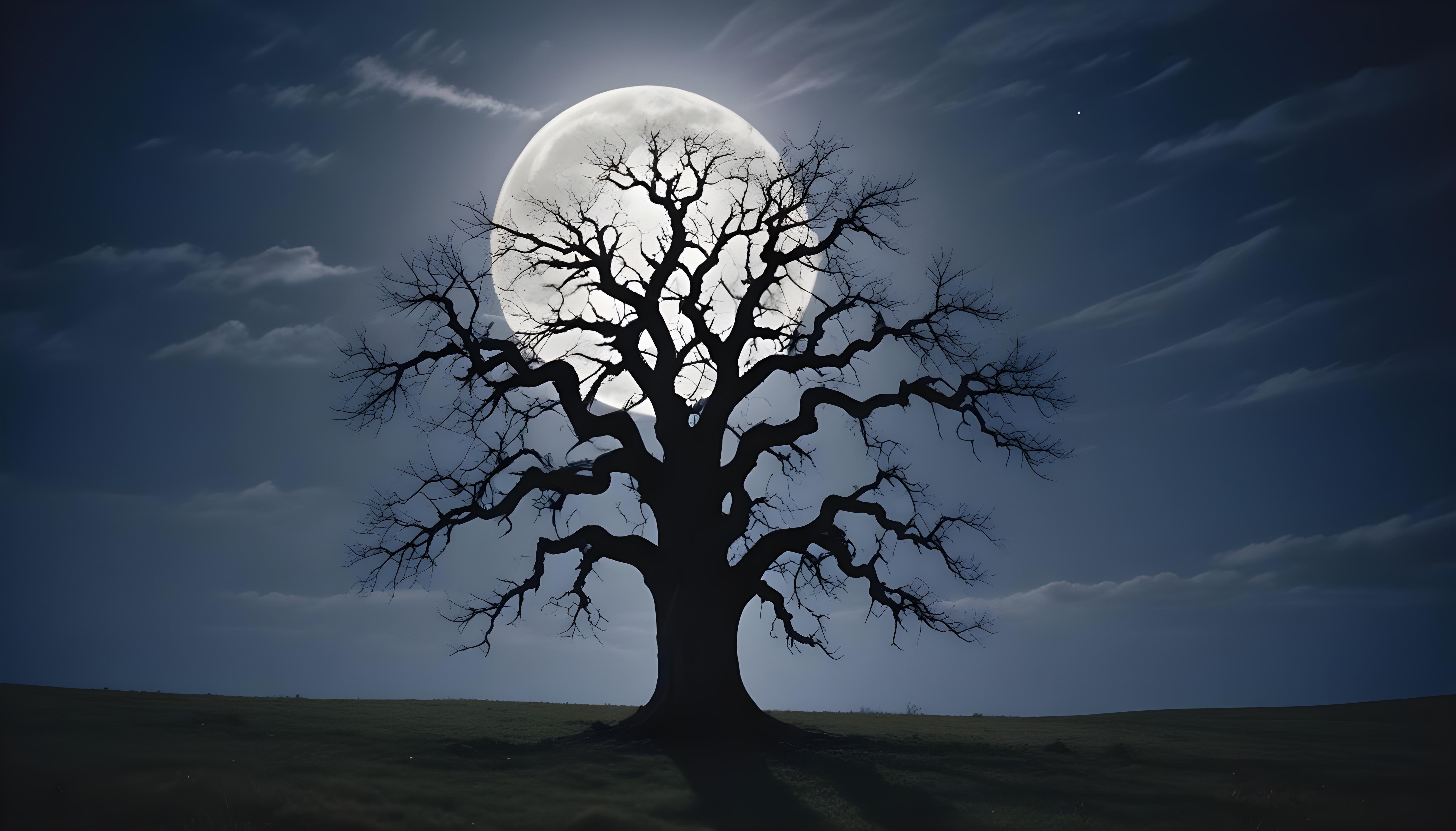 Solitary Leafless Tree Under Full Moon in Mystical Night Landscape