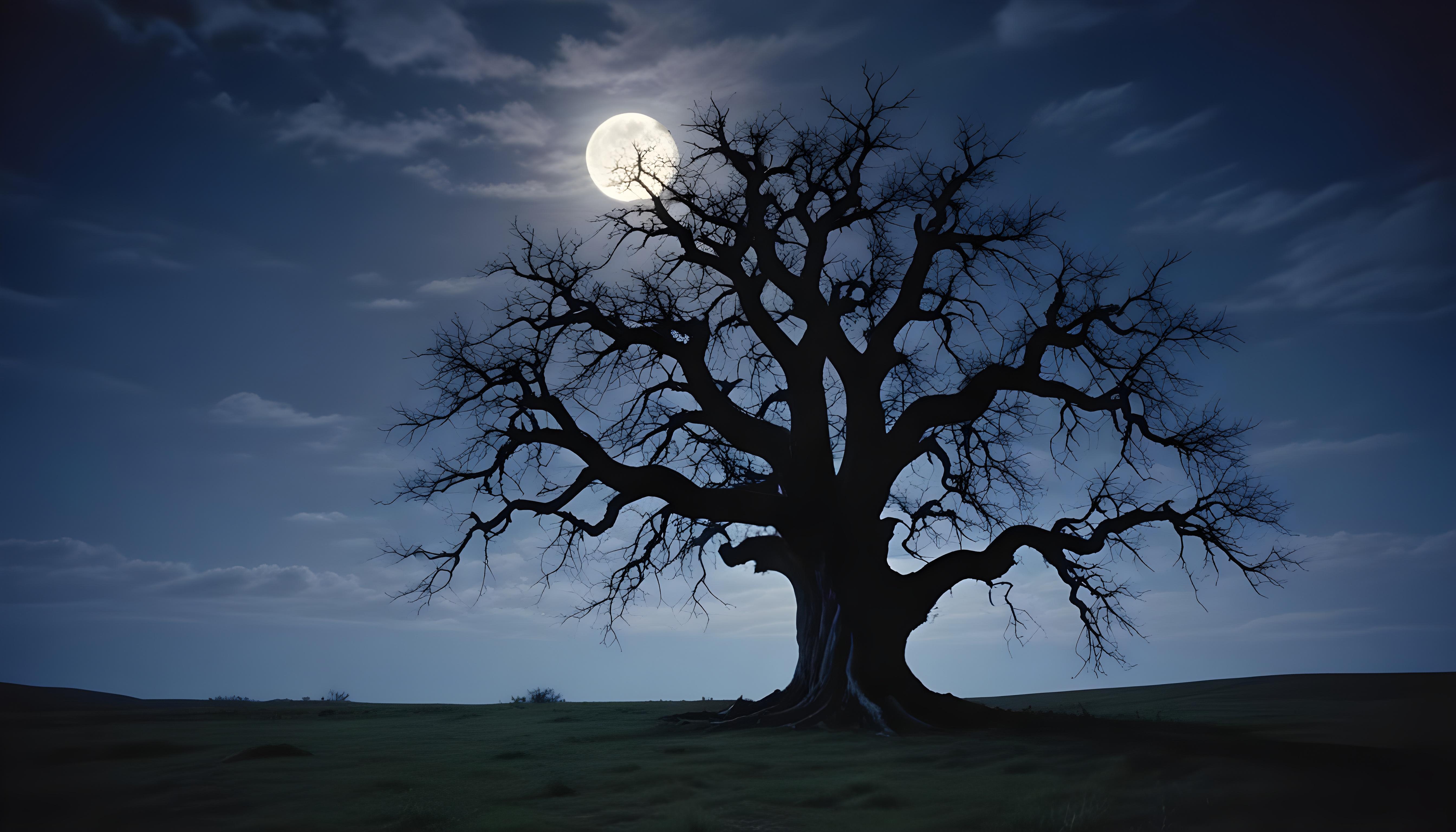 Solitary Leafless Tree Under Full Moon in Mystical Night Landscape