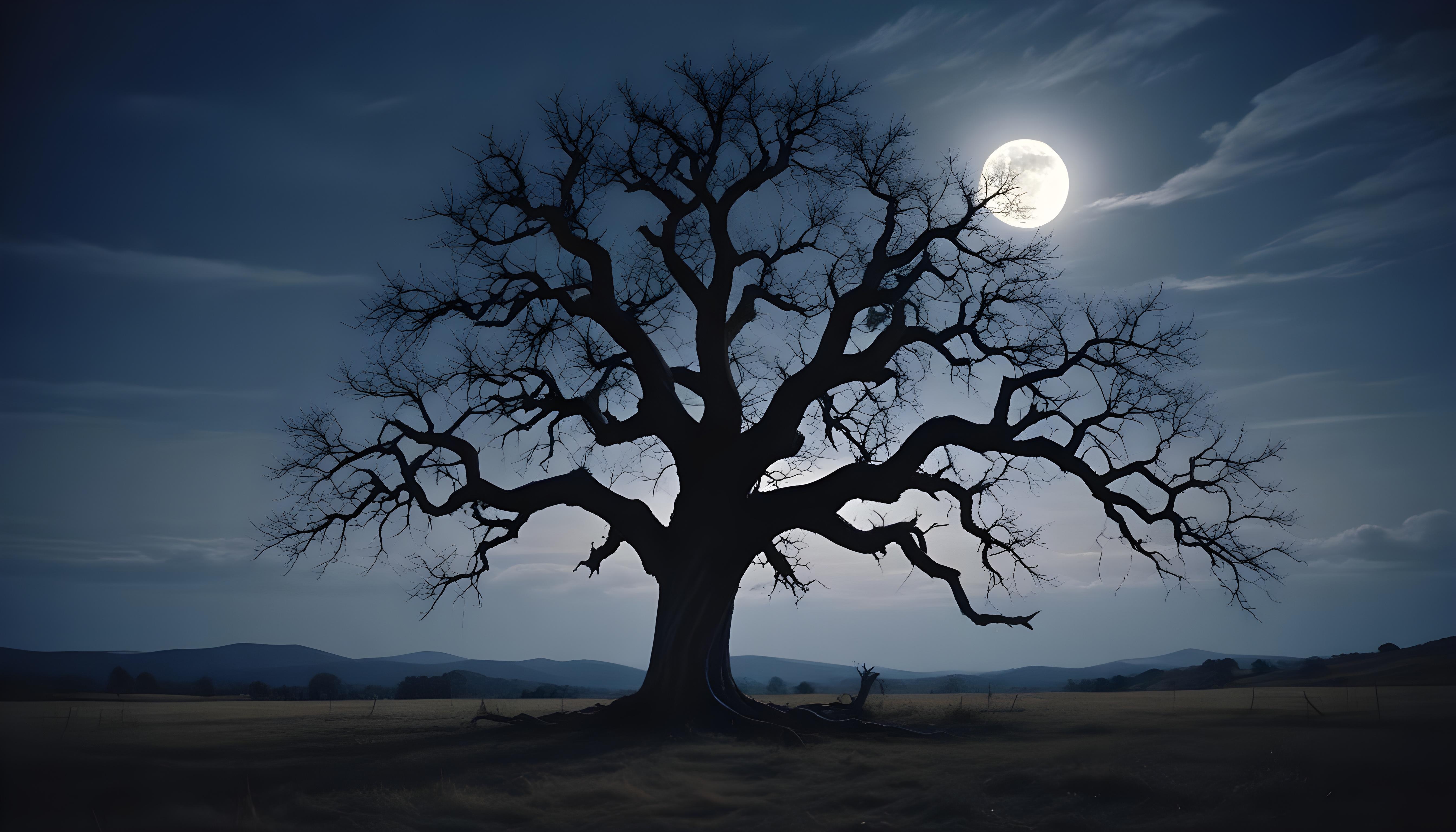 Solitary Leafless Tree Under Full Moon in Mystical Night Landscape