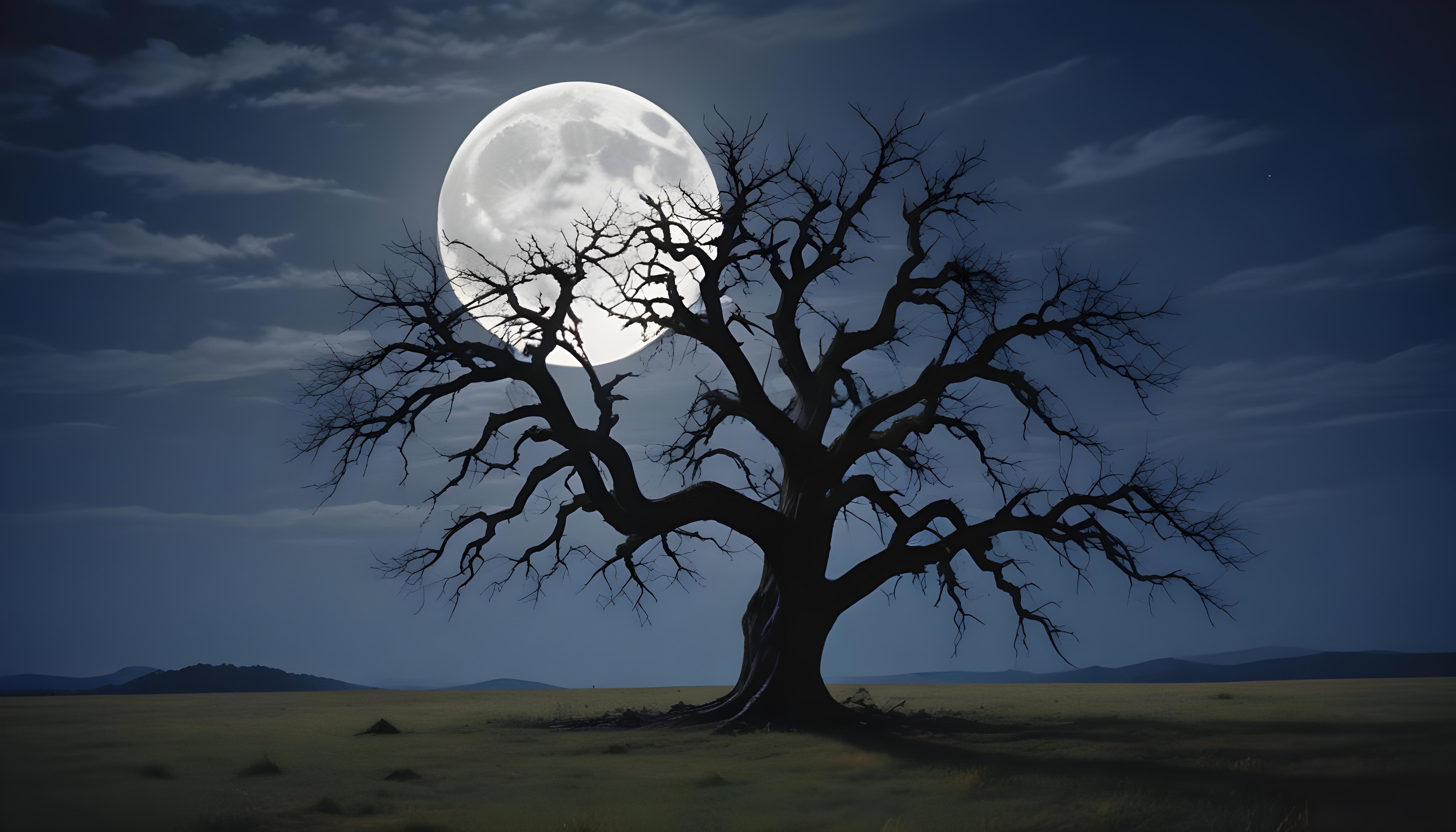 Solitary Leafless Tree Under Full Moon in Mystical Night Landscape