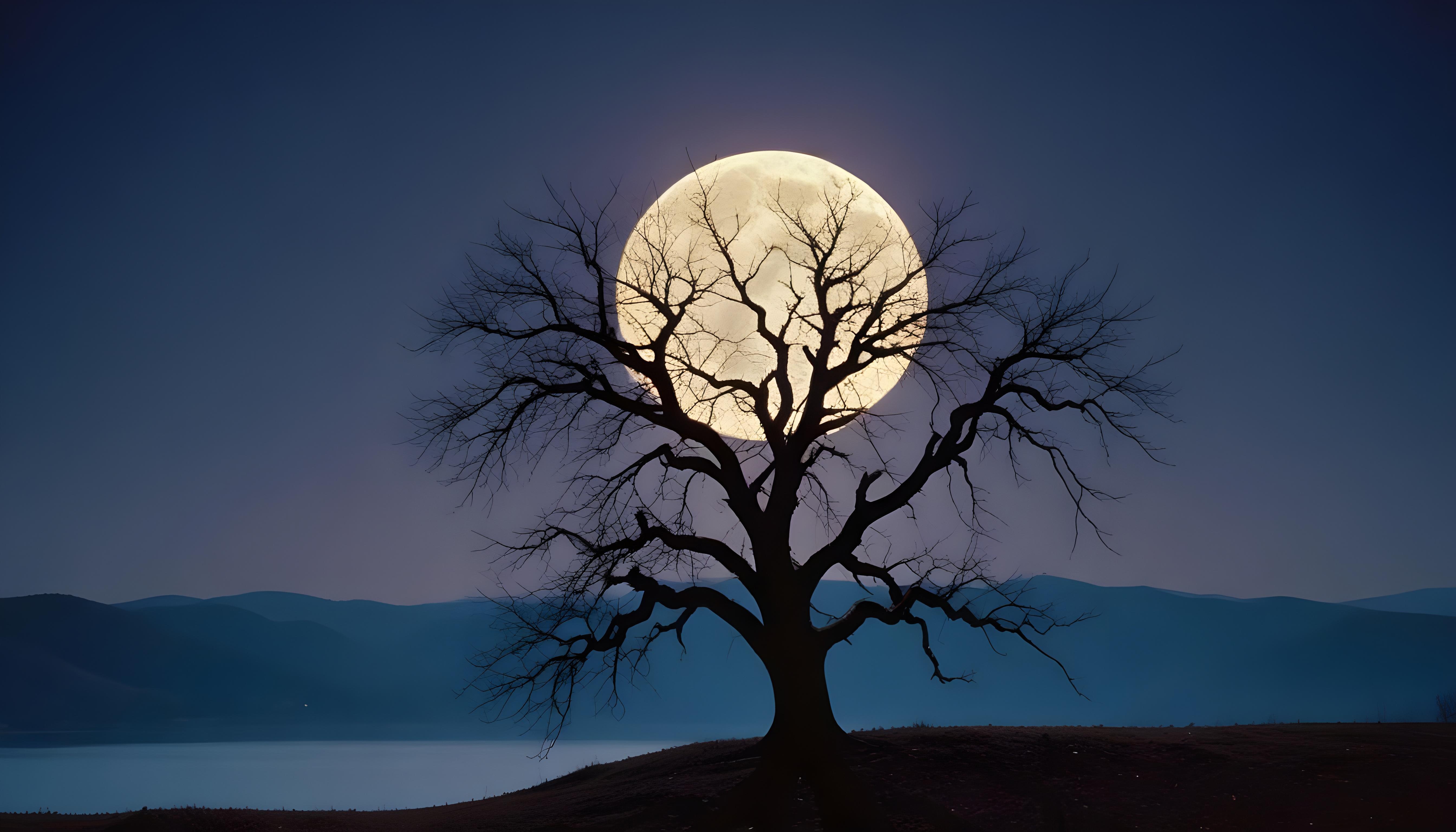 Solitary Leafless Tree Under Full Moon in Mystical Night Landscape