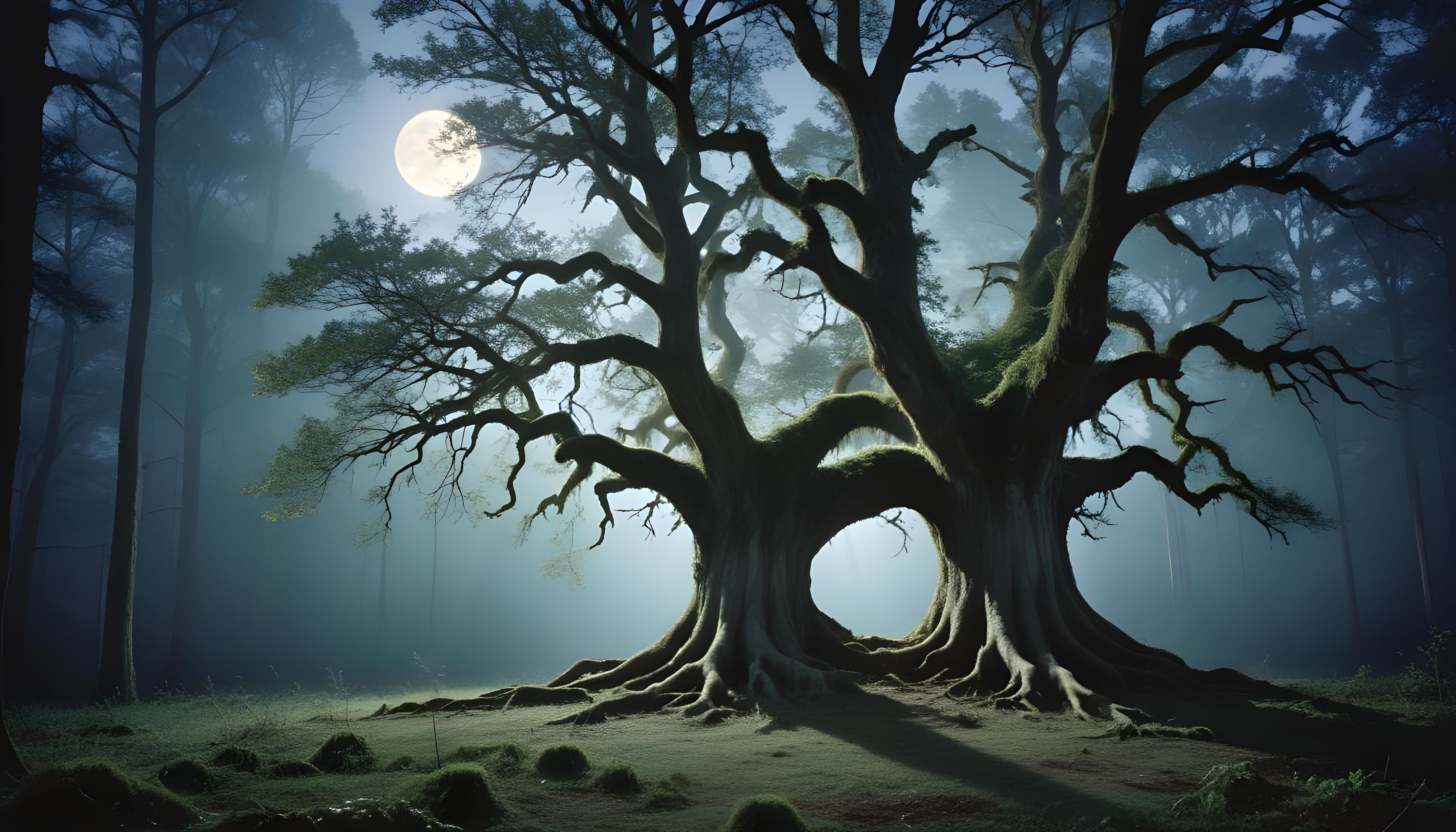 Solitary Leafless Tree Under Full Moon in Mystical Night Landscape