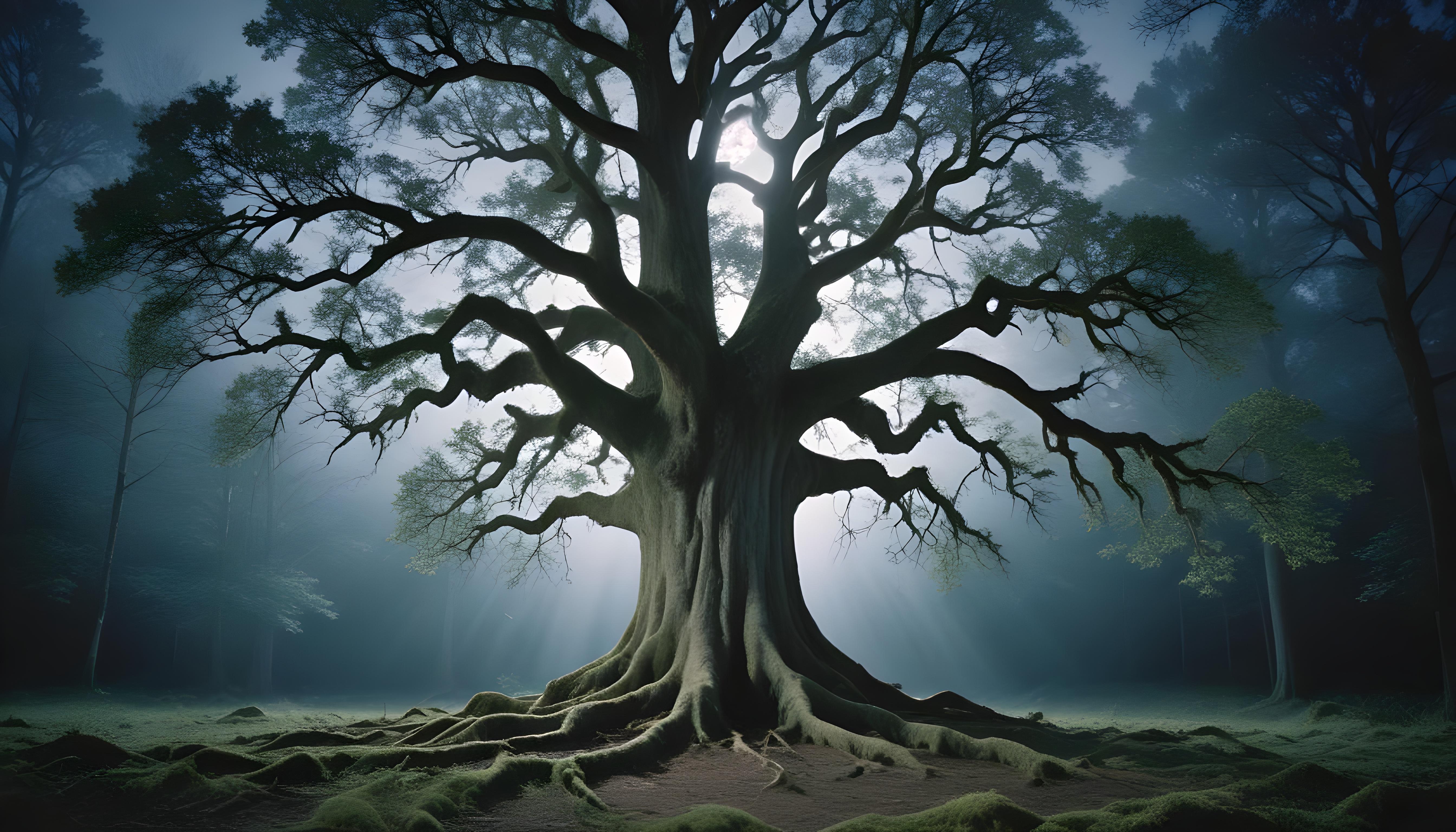 Solitary Leafless Tree Under Full Moon in Mystical Night Landscape