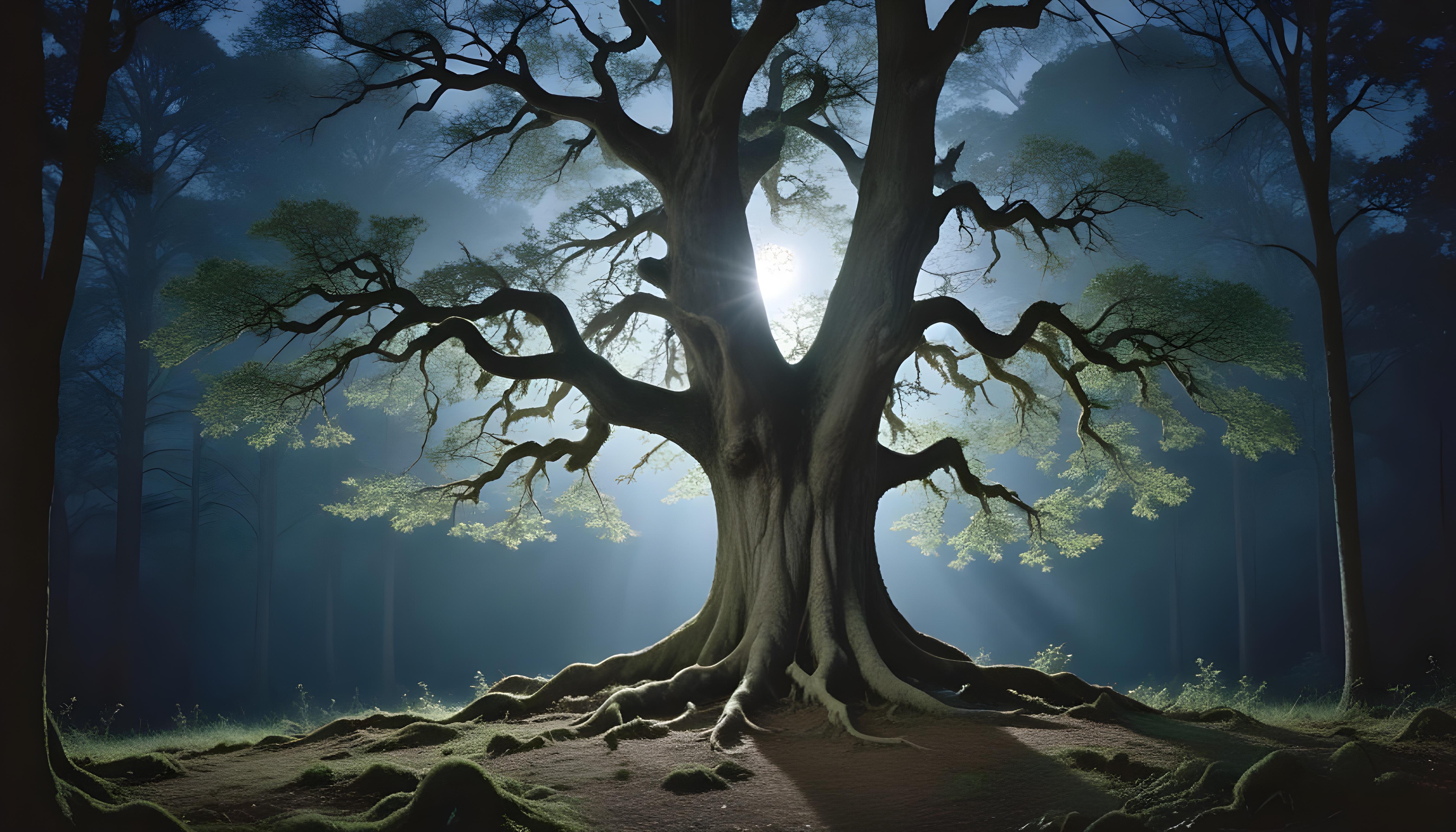 Solitary Leafless Tree Under Full Moon in Mystical Night Landscape