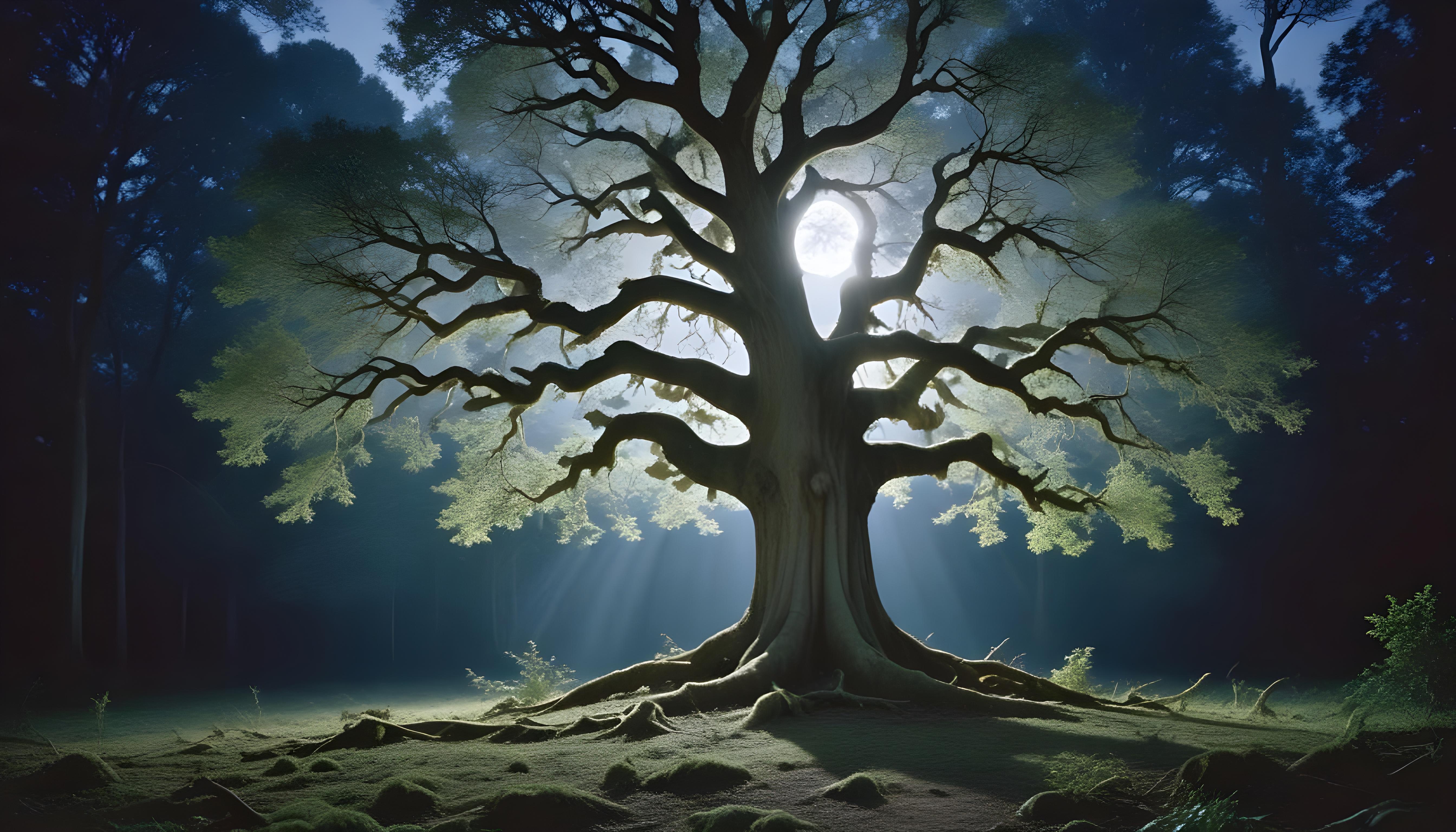 Solitary Leafless Tree Under Full Moon in Mystical Night Landscape
