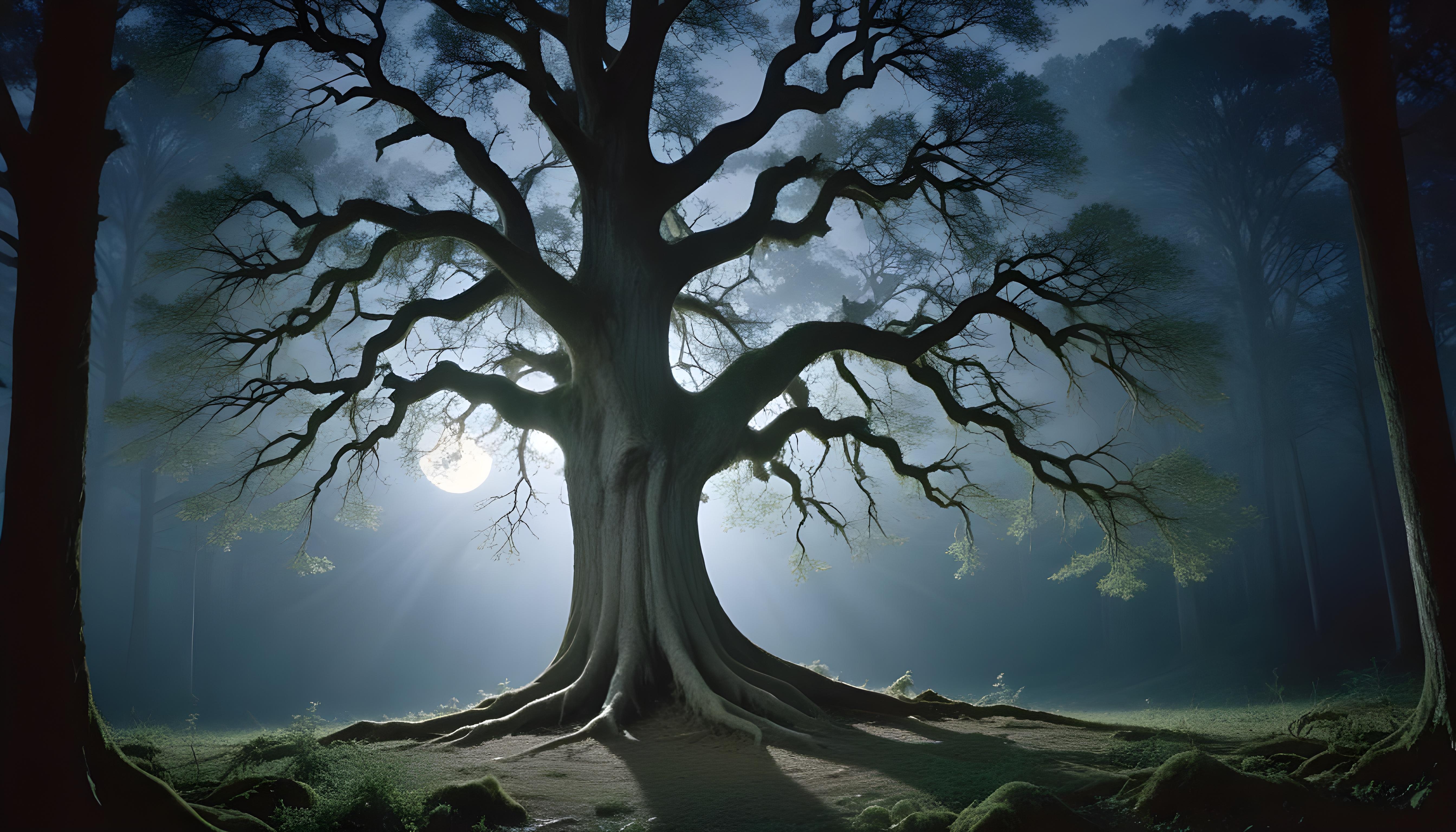 Solitary Leafless Tree Under Full Moon in Mystical Night Landscape