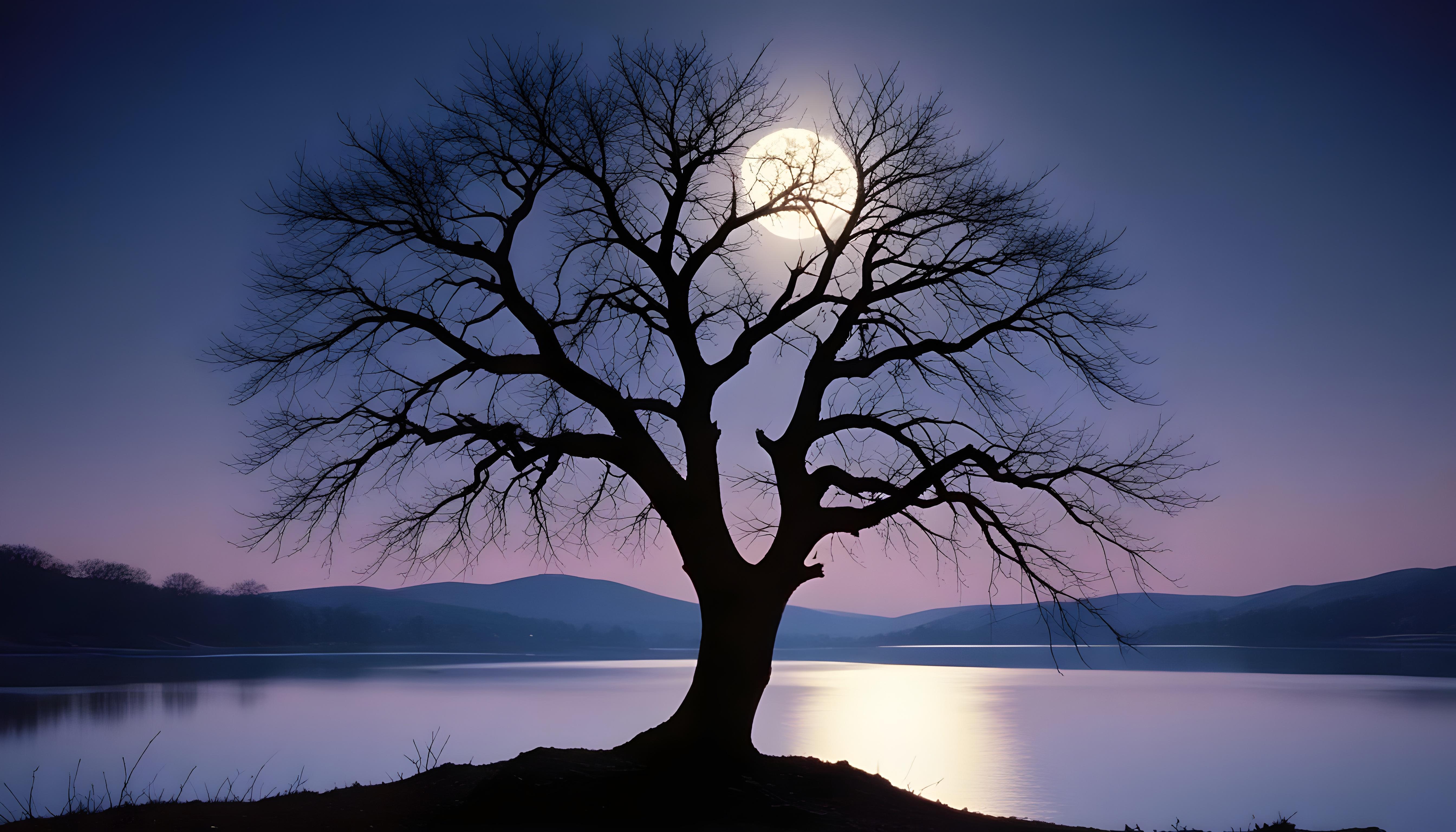 Solitary Leafless Tree Under Full Moon in Mystical Night Landscape