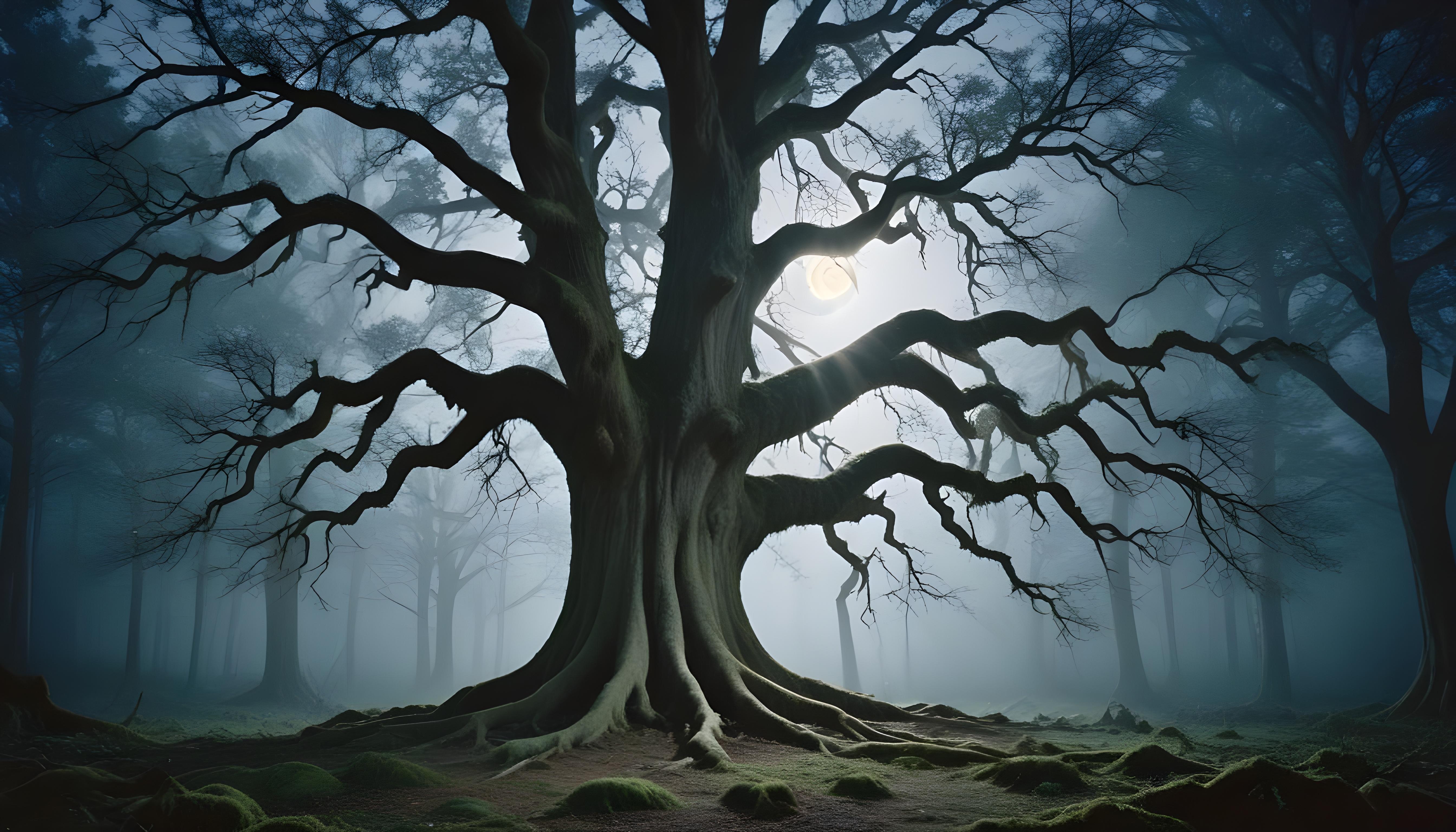 Solitary Leafless Tree Under Full Moon in Mystical Night Landscape