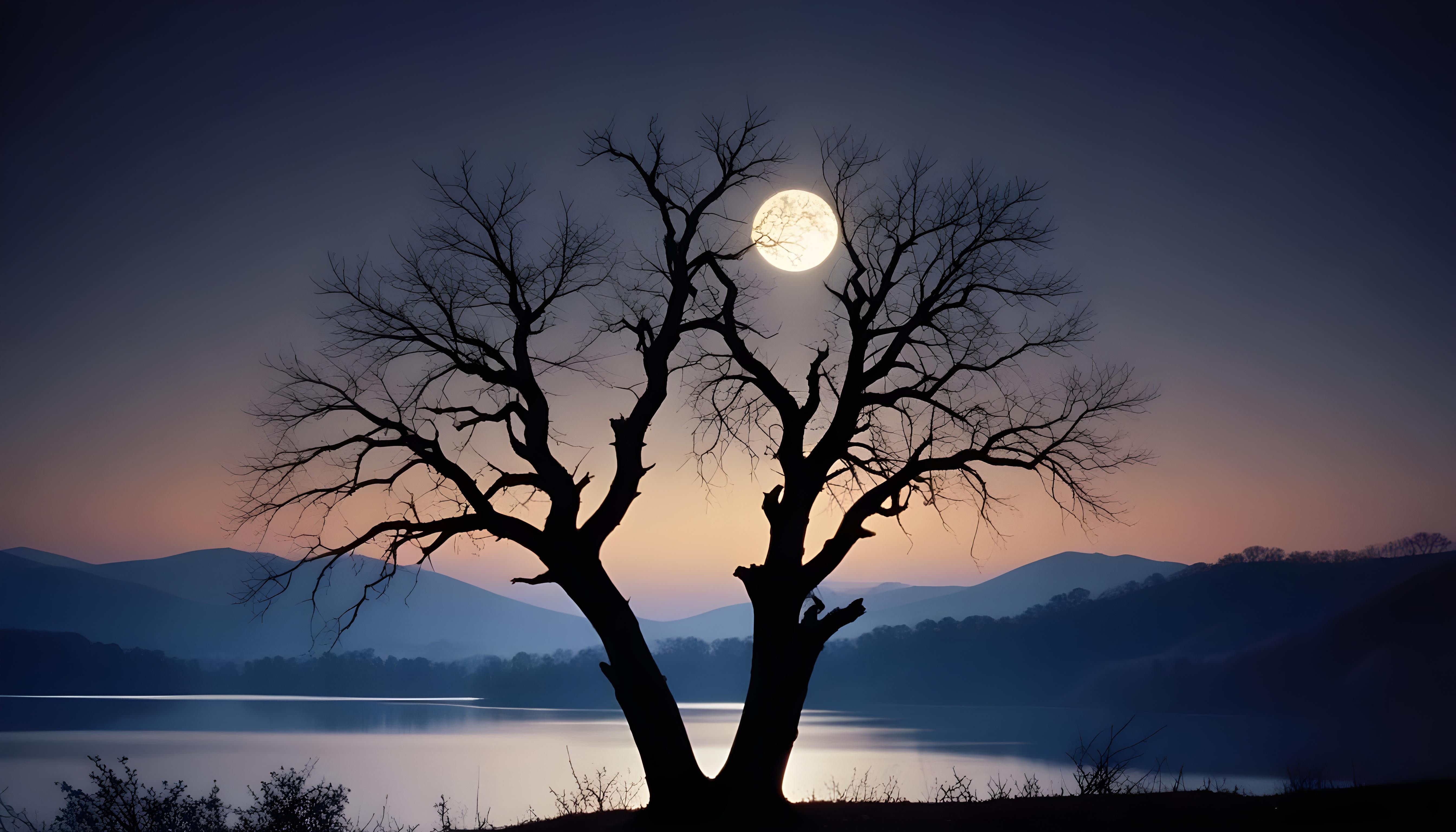 Solitary Leafless Tree Under Full Moon in Mystical Night Landscape