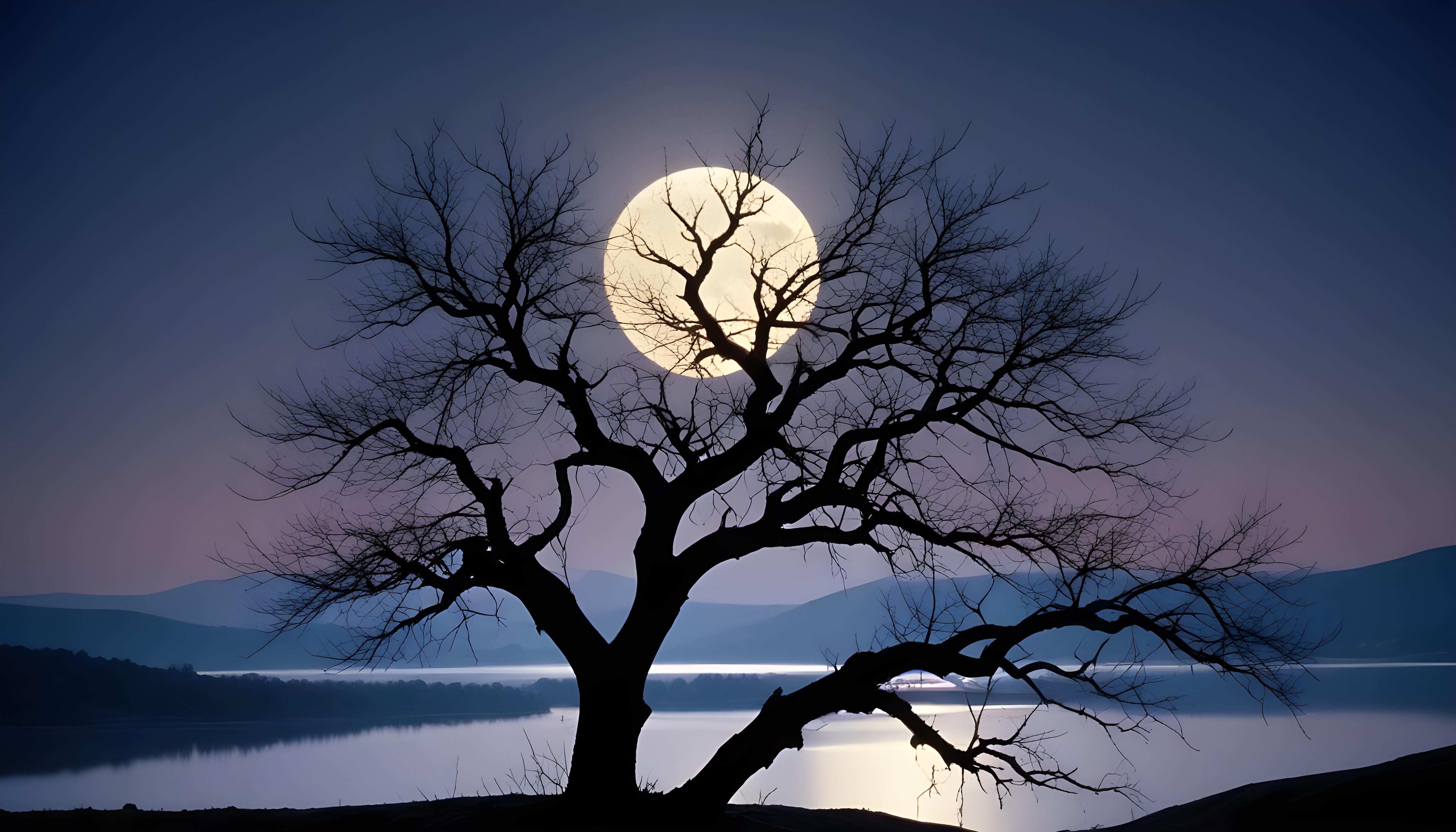 Solitary Leafless Tree Under Full Moon in Mystical Night Landscape