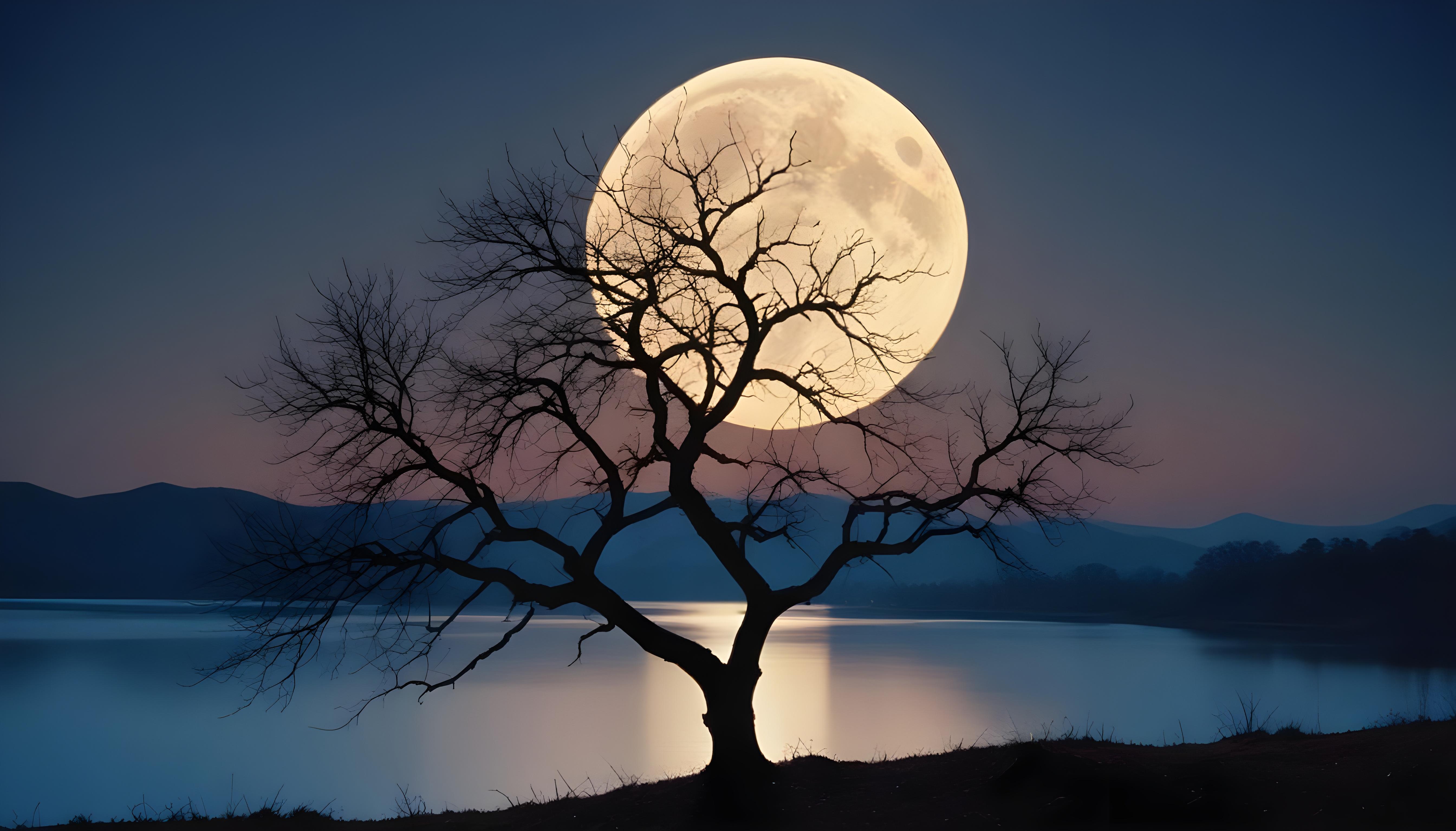 Solitary Leafless Tree Under Full Moon in Mystical Night Landscape