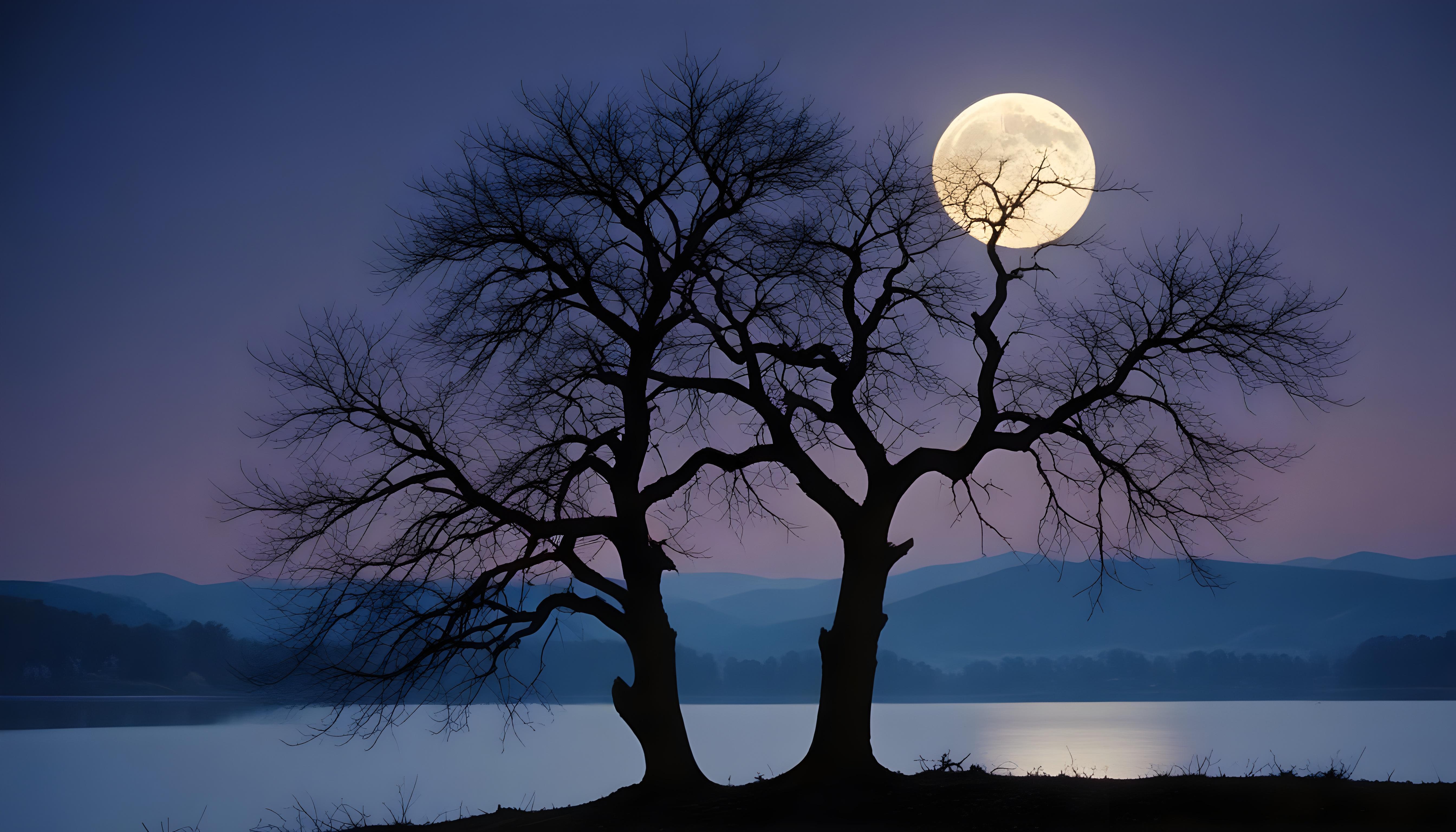 Solitary Leafless Tree Under Full Moon in Mystical Night Landscape