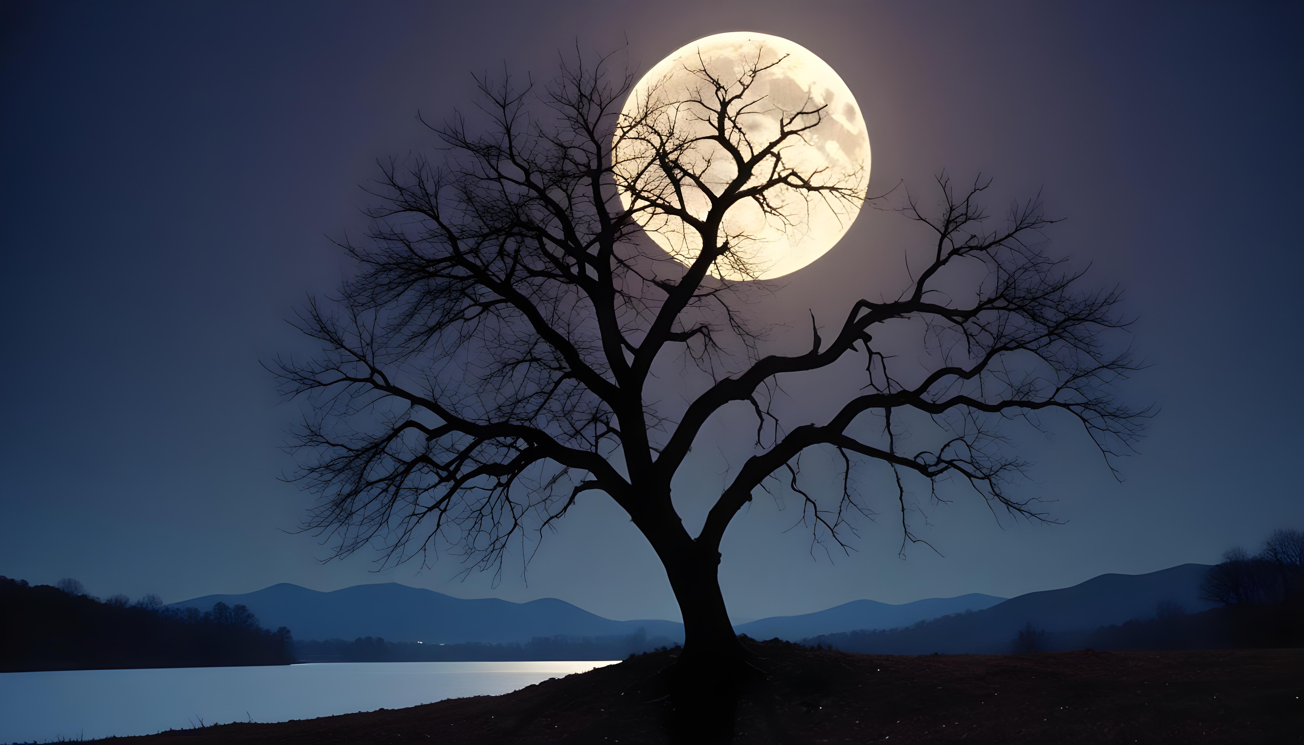 Solitary Leafless Tree Under Full Moon in Mystical Night Landscape
