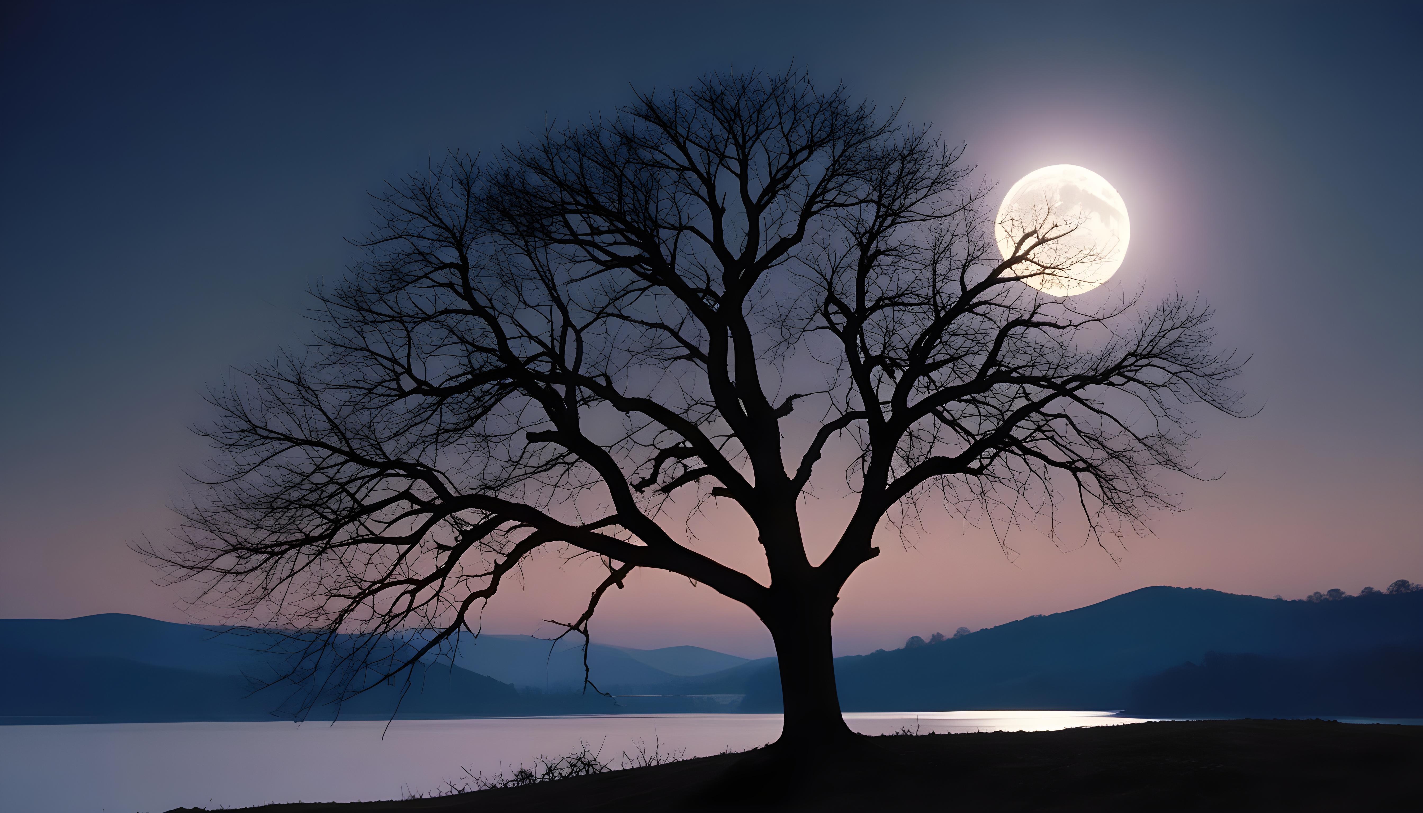 Solitary Leafless Tree Under Full Moon in Mystical Night Landscape