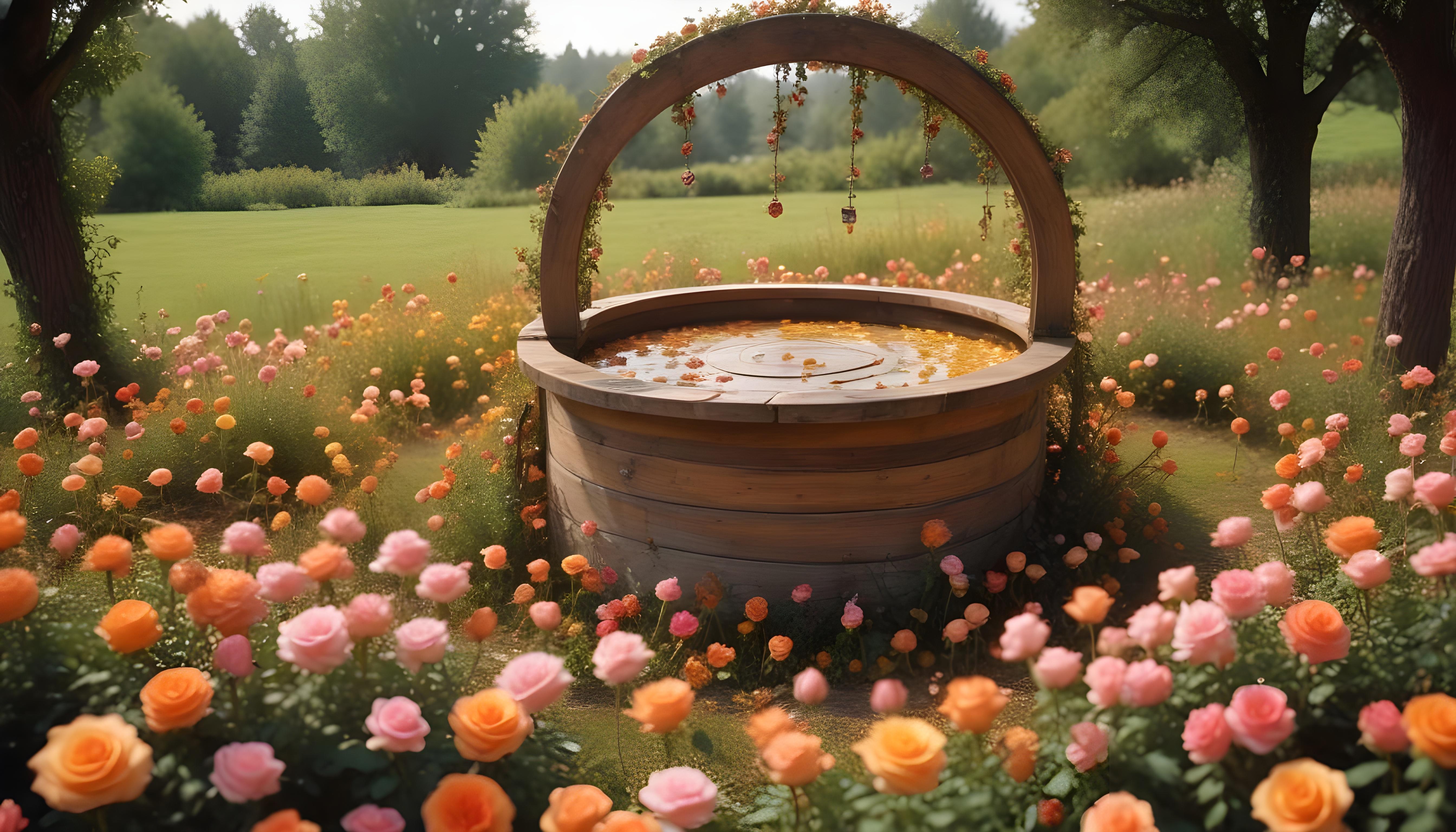 Beautiful Cottage Rose Garden with Blooming Flowers and Decorative Water Well