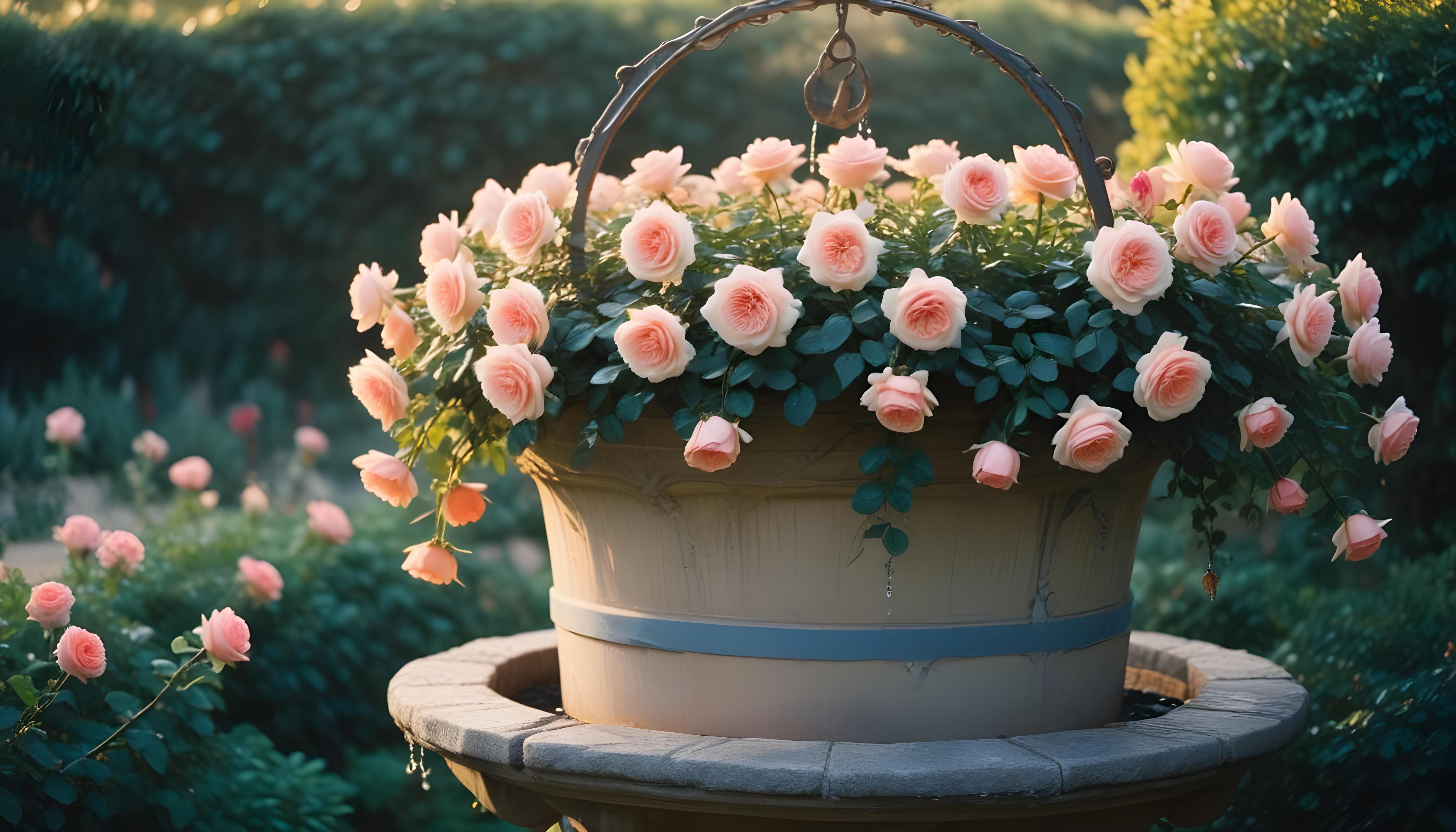 Beautiful Cottage Rose Garden with Blooming Flowers and Decorative Water Well