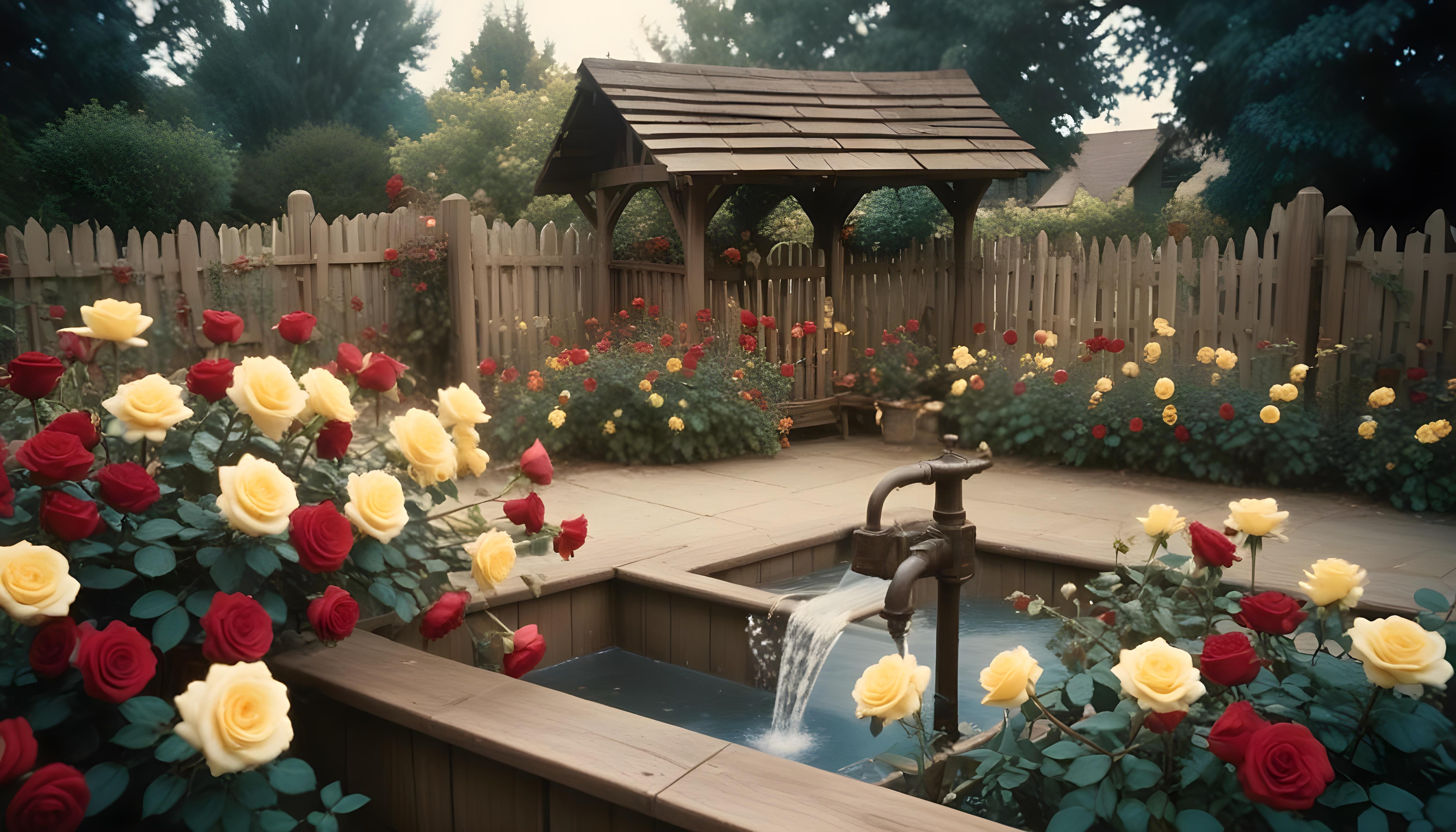 Beautiful Cottage Rose Garden with Blooming Flowers and Decorative Water Well