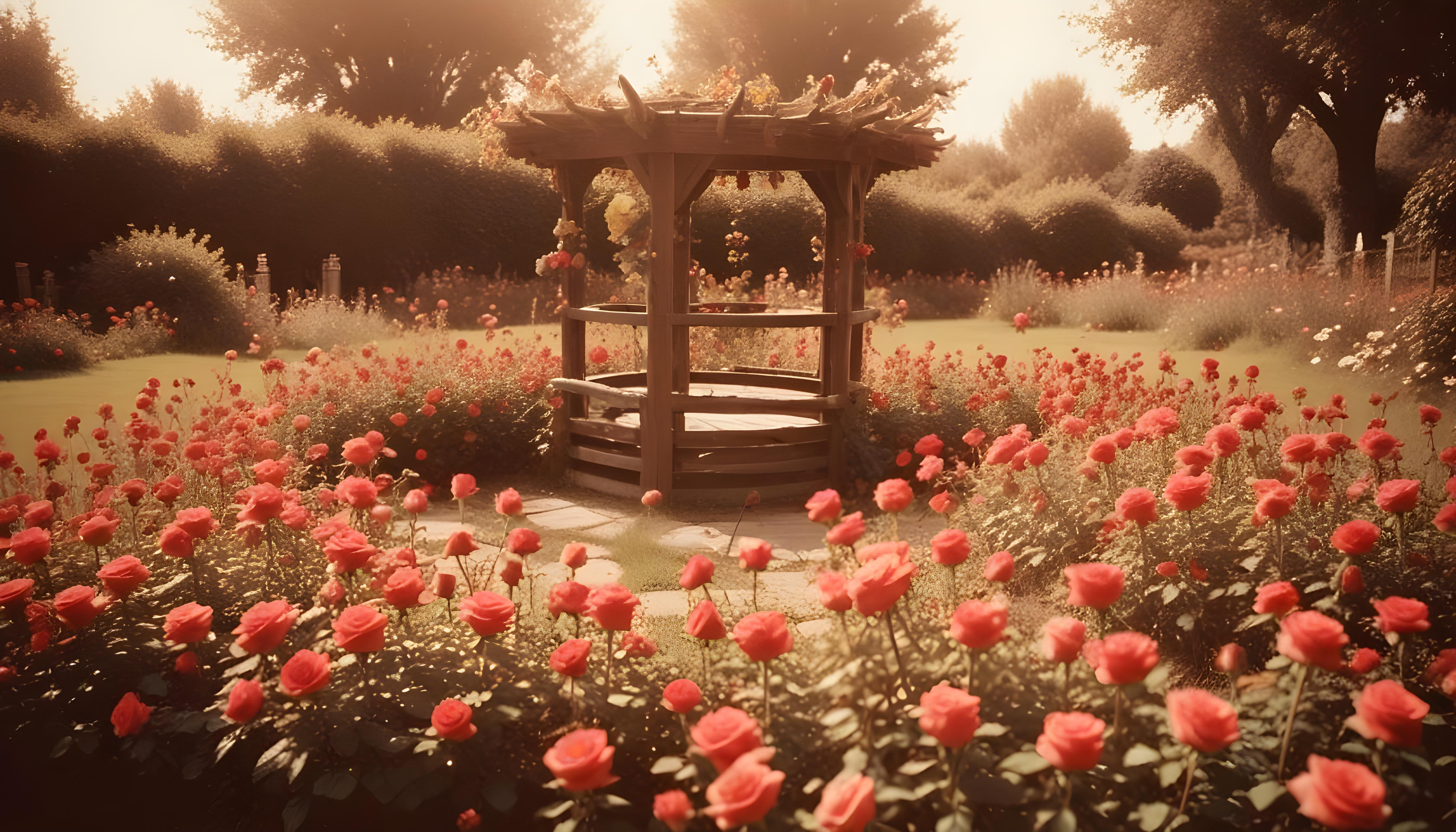 Beautiful Cottage Rose Garden with Blooming Flowers and Decorative Water Well