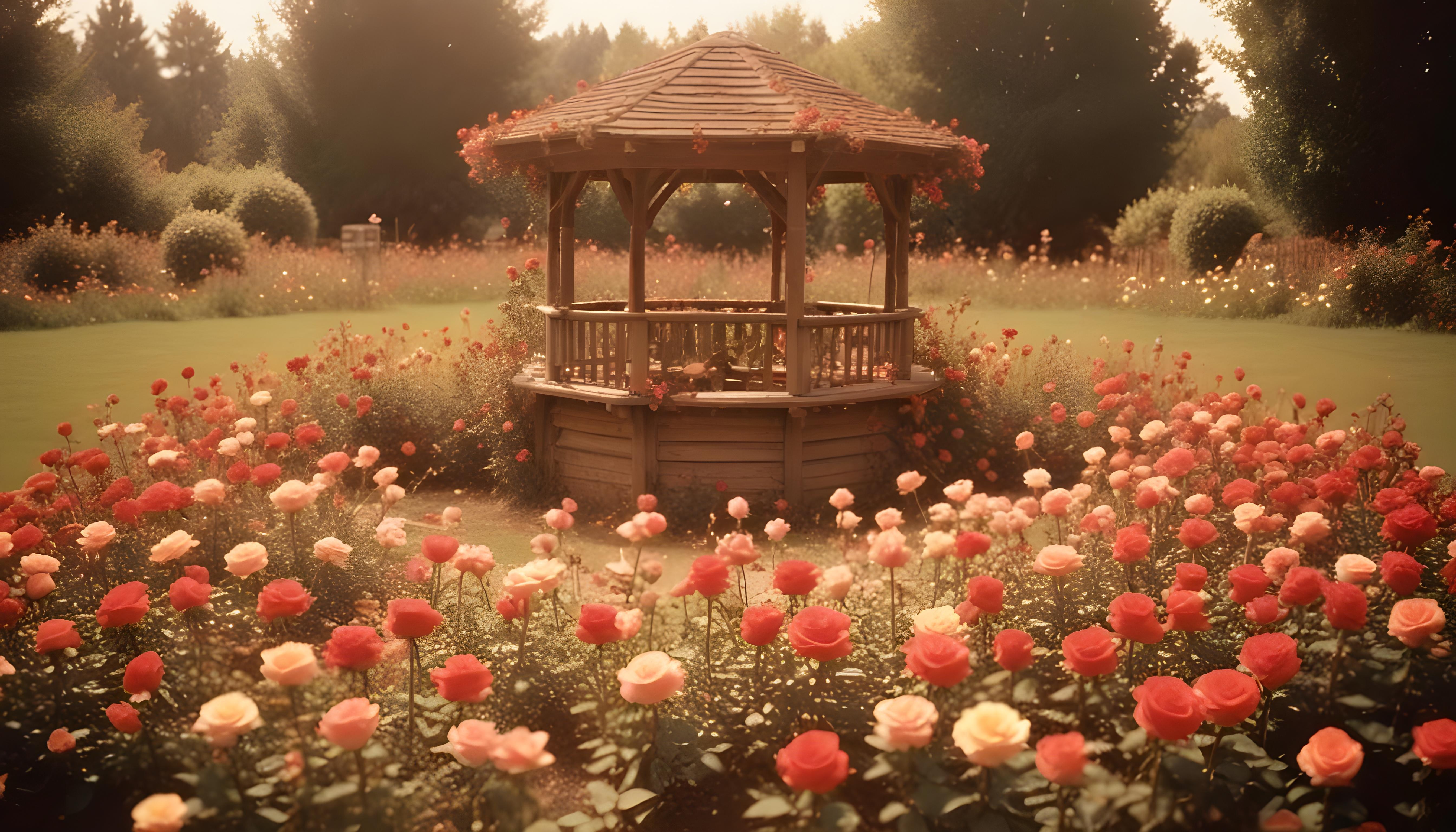Beautiful Cottage Rose Garden with Blooming Flowers and Decorative Water Well