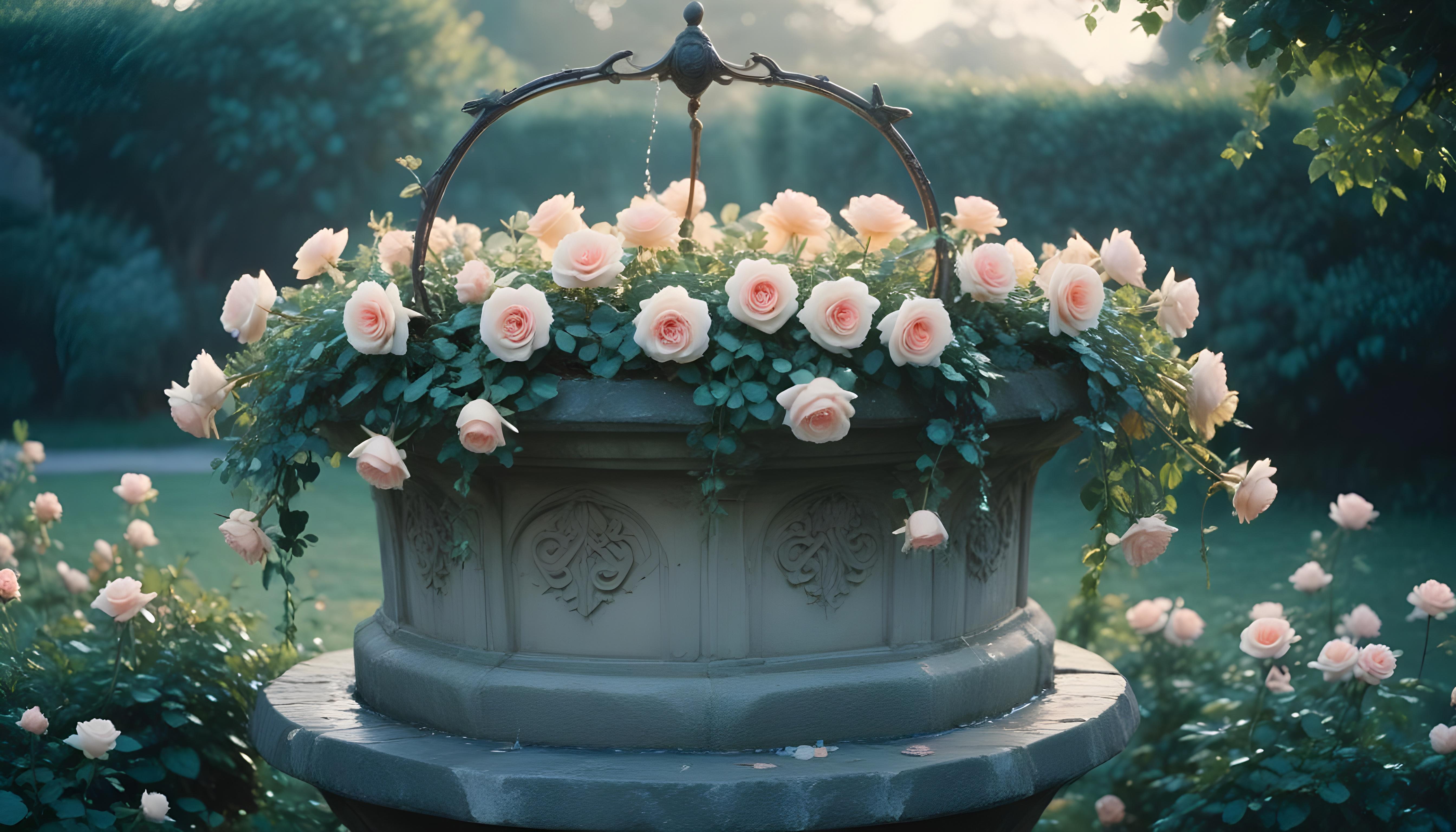 Beautiful Cottage Rose Garden with Blooming Flowers and Decorative Water Well