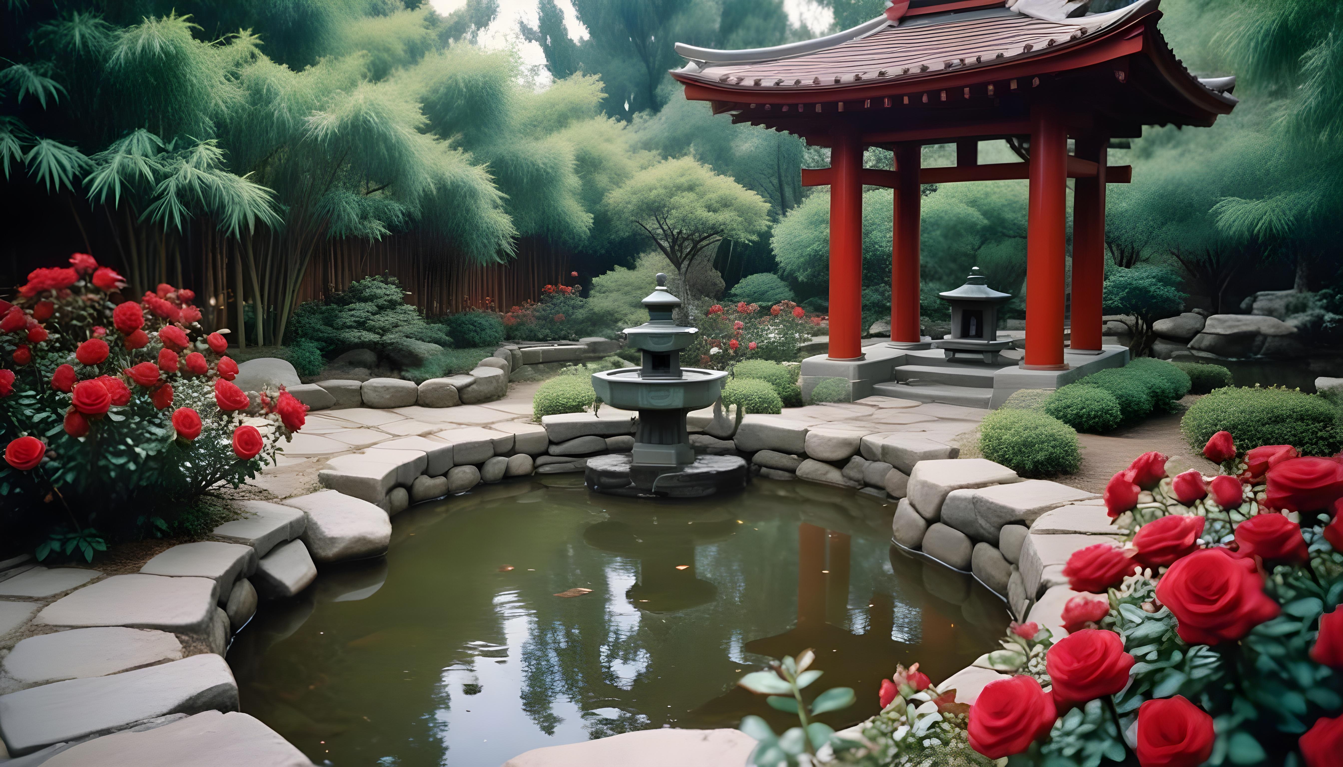 Beautiful Cottage Rose Garden with Blooming Flowers and Decorative Water Well