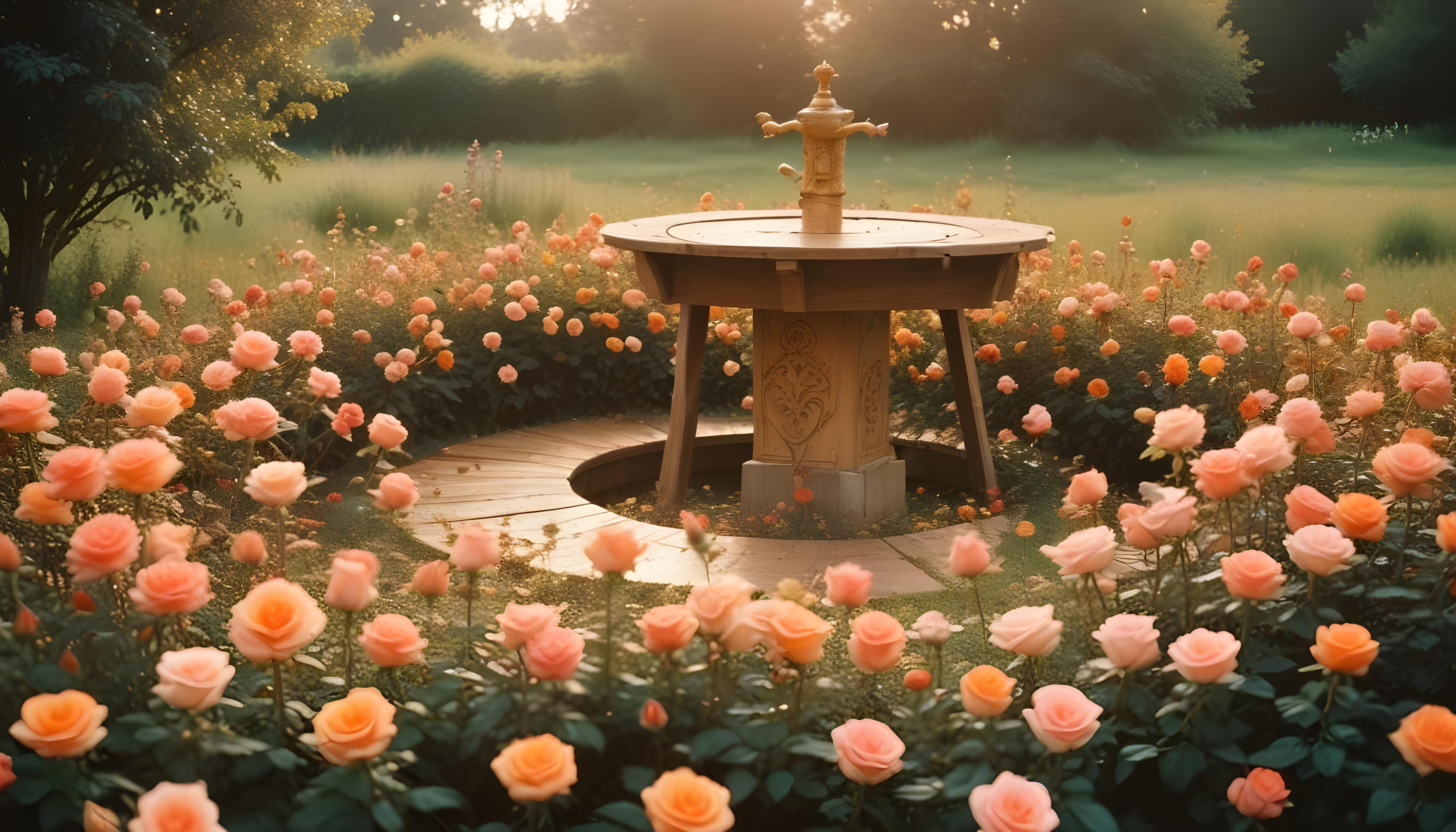 Beautiful Cottage Rose Garden with Blooming Flowers and Decorative Water Well