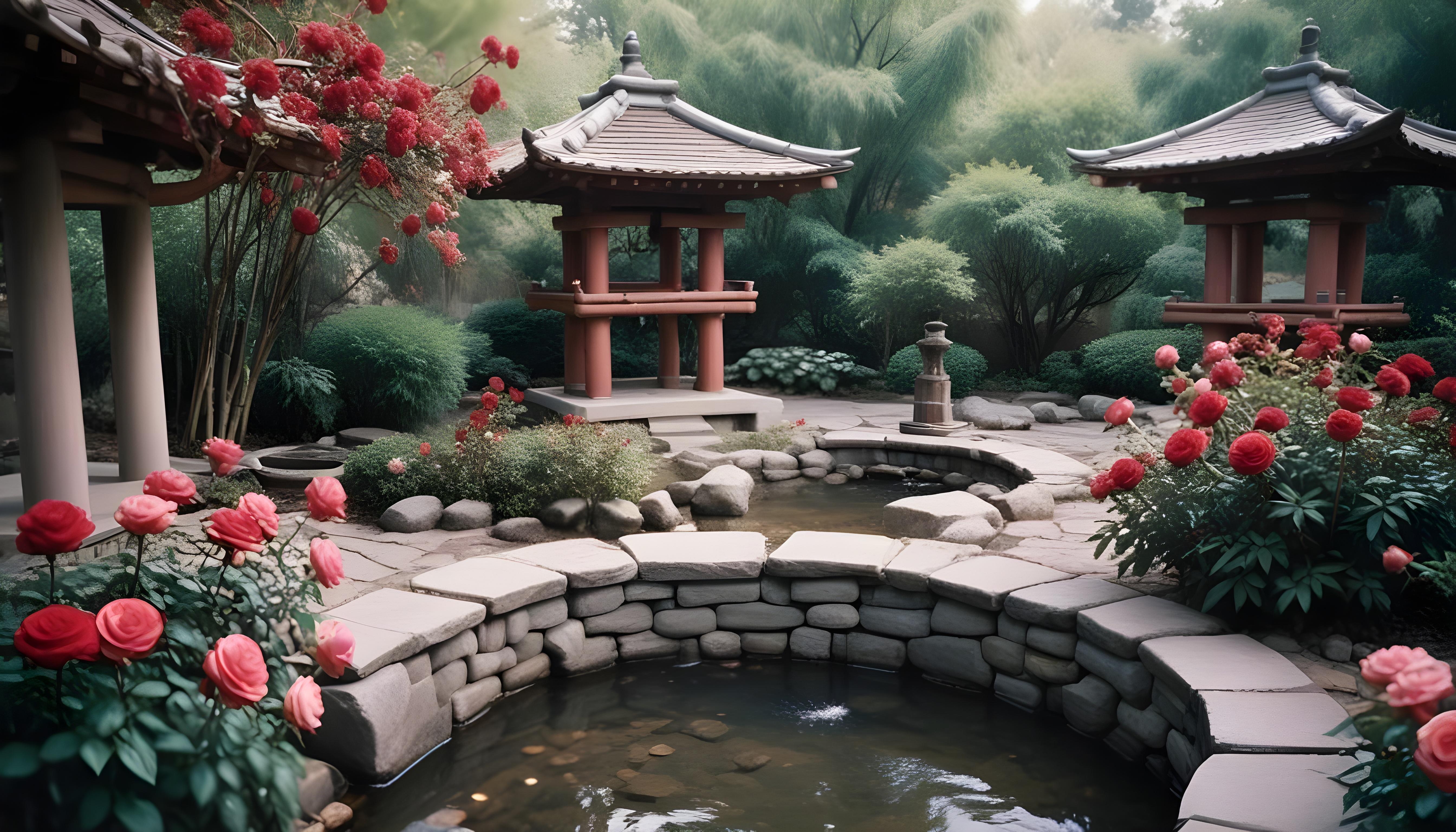 Beautiful Cottage Rose Garden with Blooming Flowers and Decorative Water Well